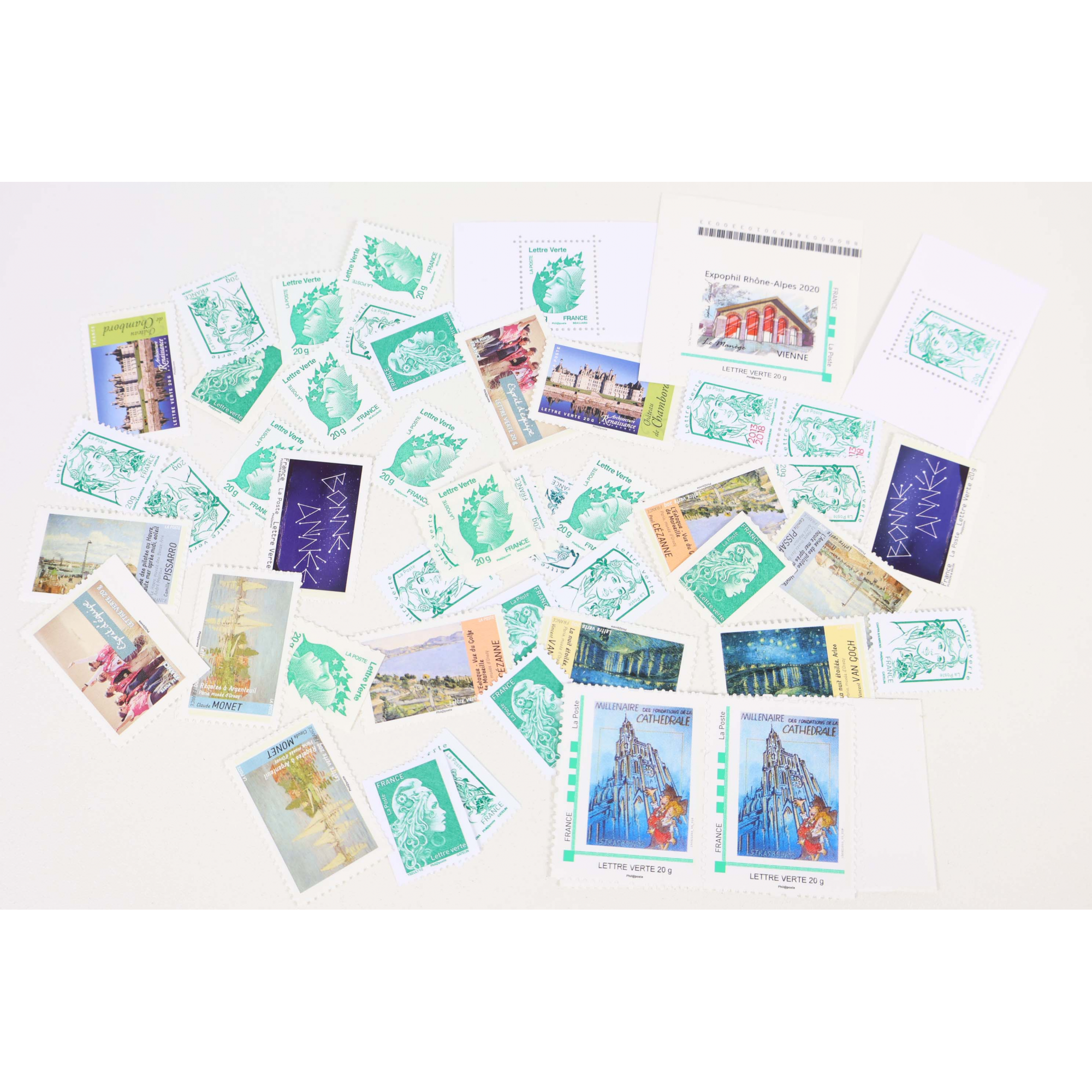 LOT 50 TIMBRES A VALIDITÉ PERMANENTE, LETTRES VERTES VP 20G FRANCE