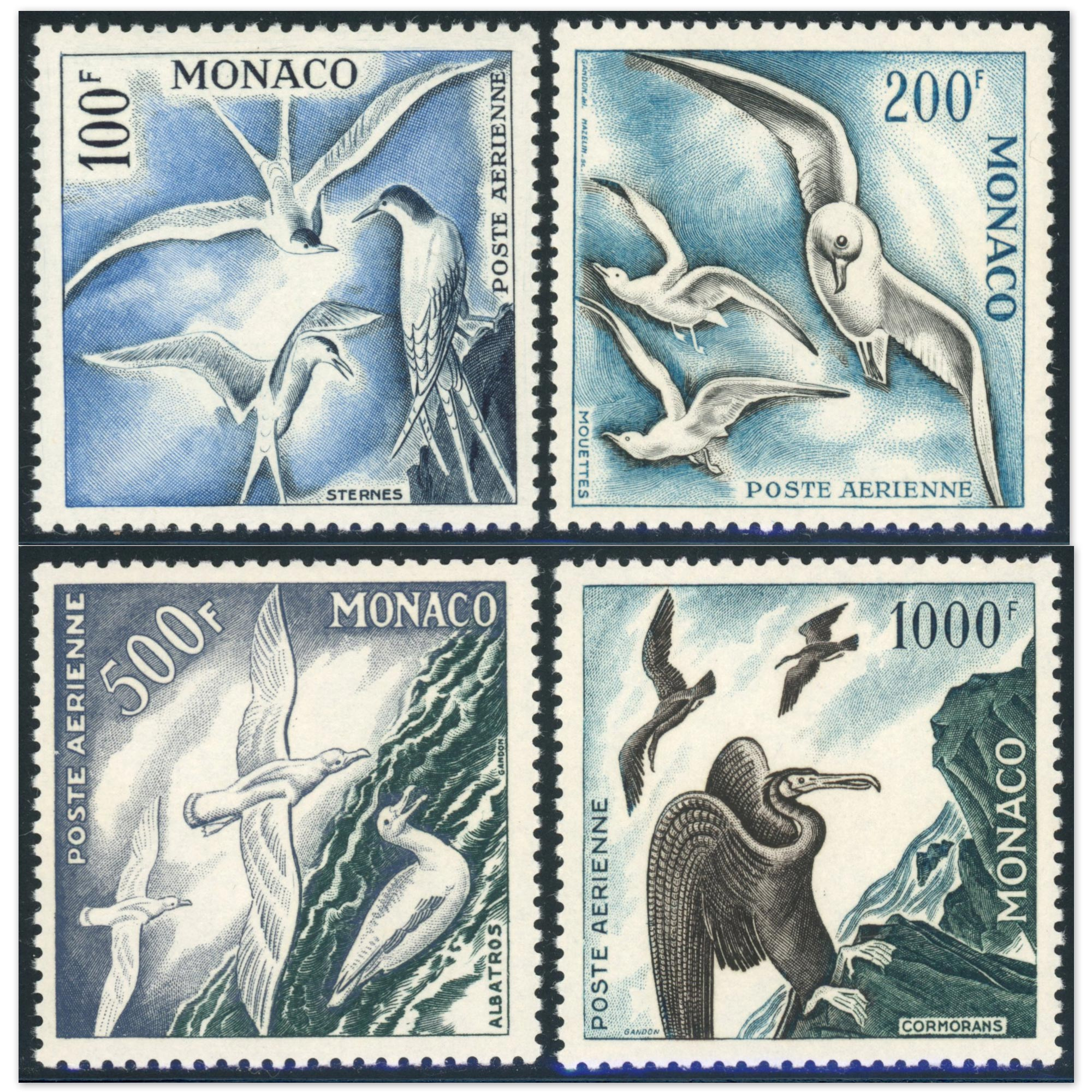 MONACO POSTE AÉRIENNE N°55 À 58 SÉRIE COMPLÈTE "OISEAUX DE MER" TIMBRES NEUFS**