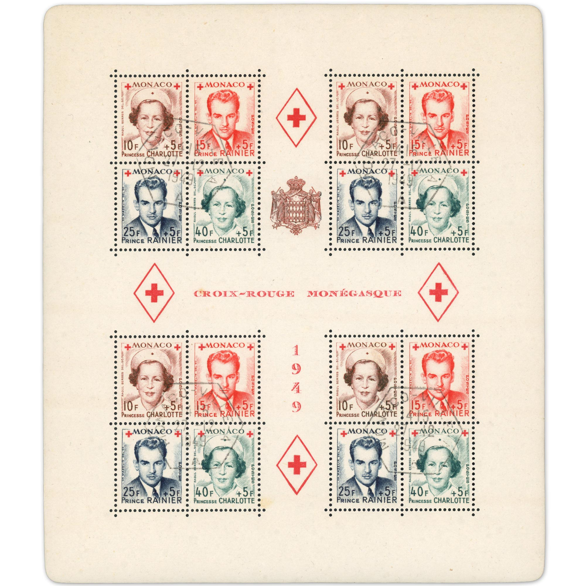 MONACO BLOC-FEUILLET CROIX-ROUGE N°3A TIMBRES OBL 1ER J COTE 315€ ANNÉE 1949