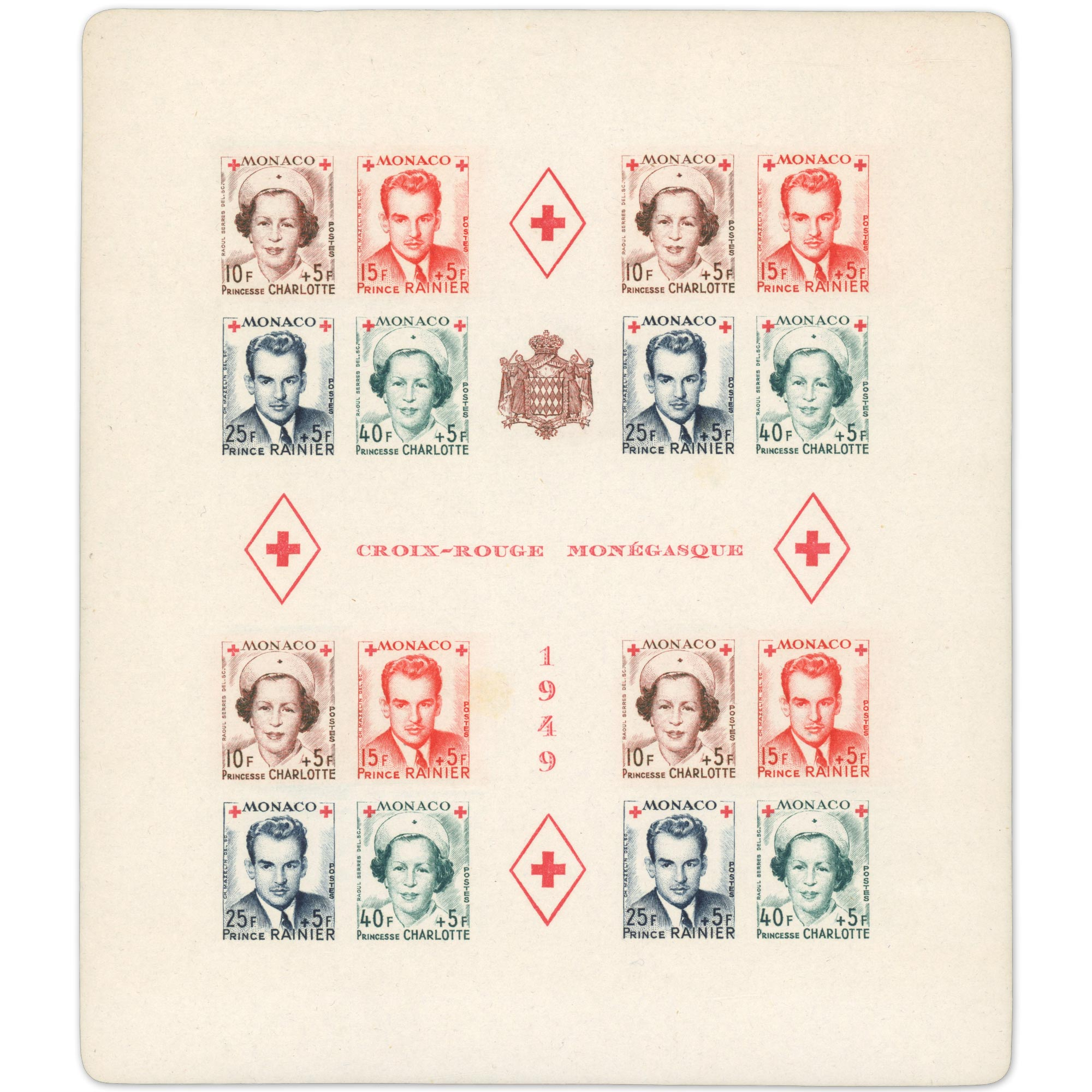 MONACO BLOC-FEUILLET CROIX-ROUGE N°3B TIMBRES NEUFS** NON DENTELÉS COTE 510€