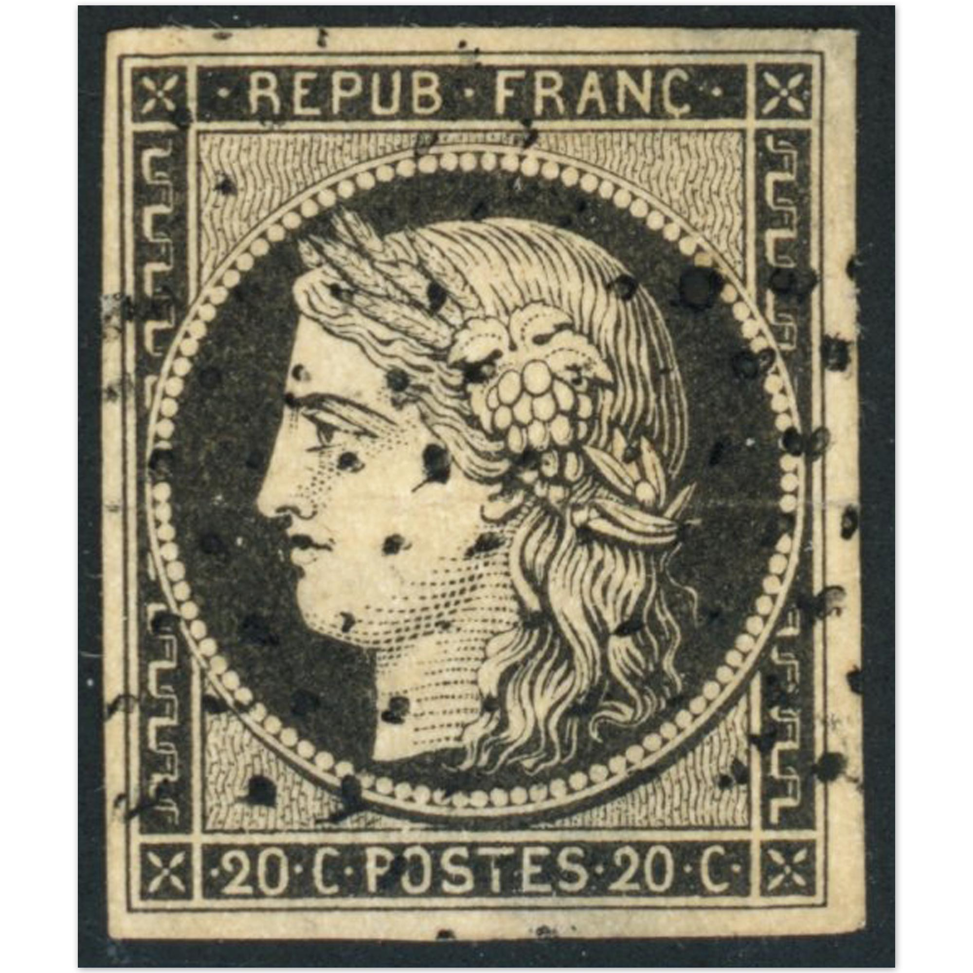 FRANCE CÉRÈS N°3 TIMBRE AVEC BELLE OBLITÉRATION, SIGNÉ BRUN, ANNÉE 1849
