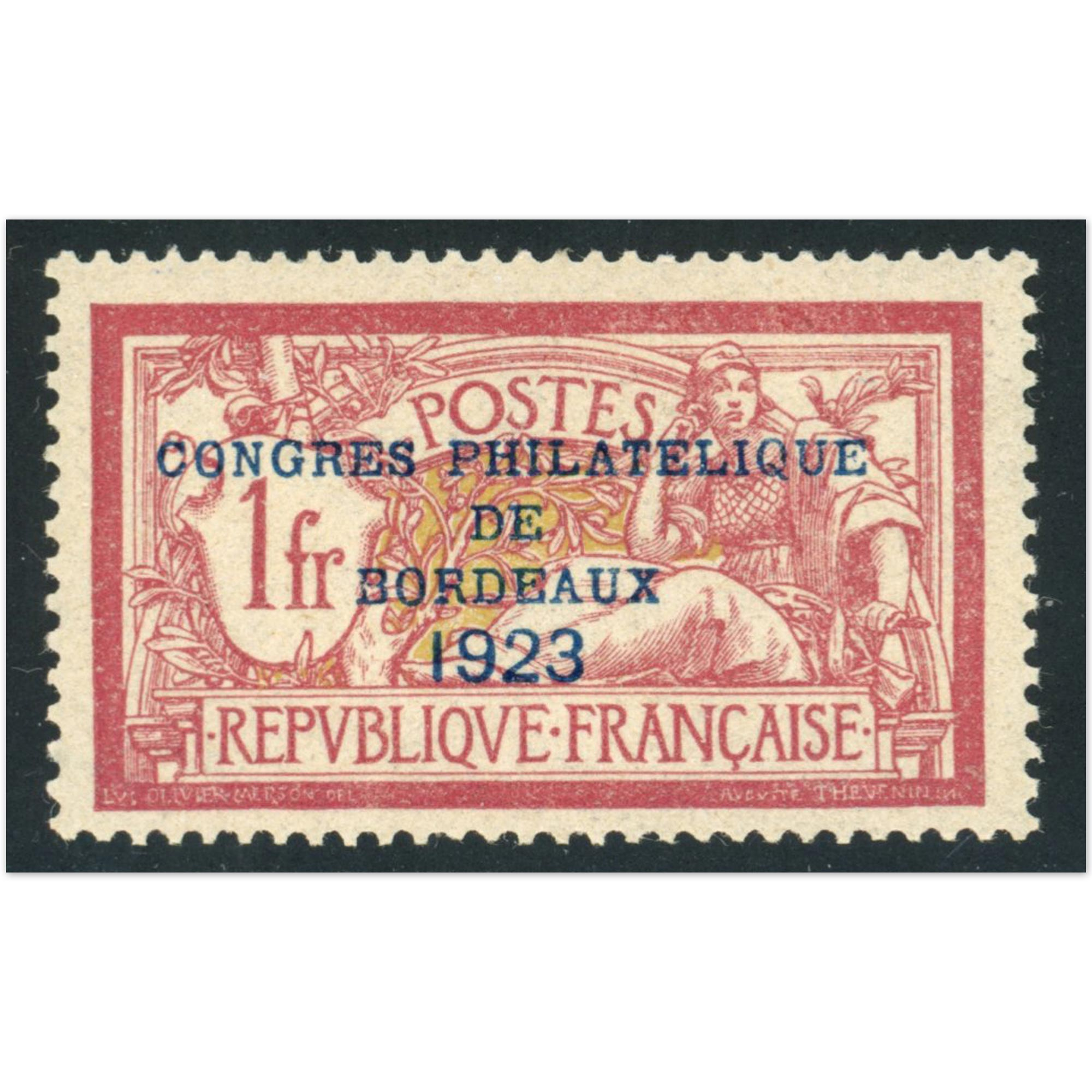 FRANCE N°182 CONGRÈS DE BORDEAUX TIMBRE REGOMMÉ CONSIDÉRÉ SANS GOMME, ANNÉE 1923