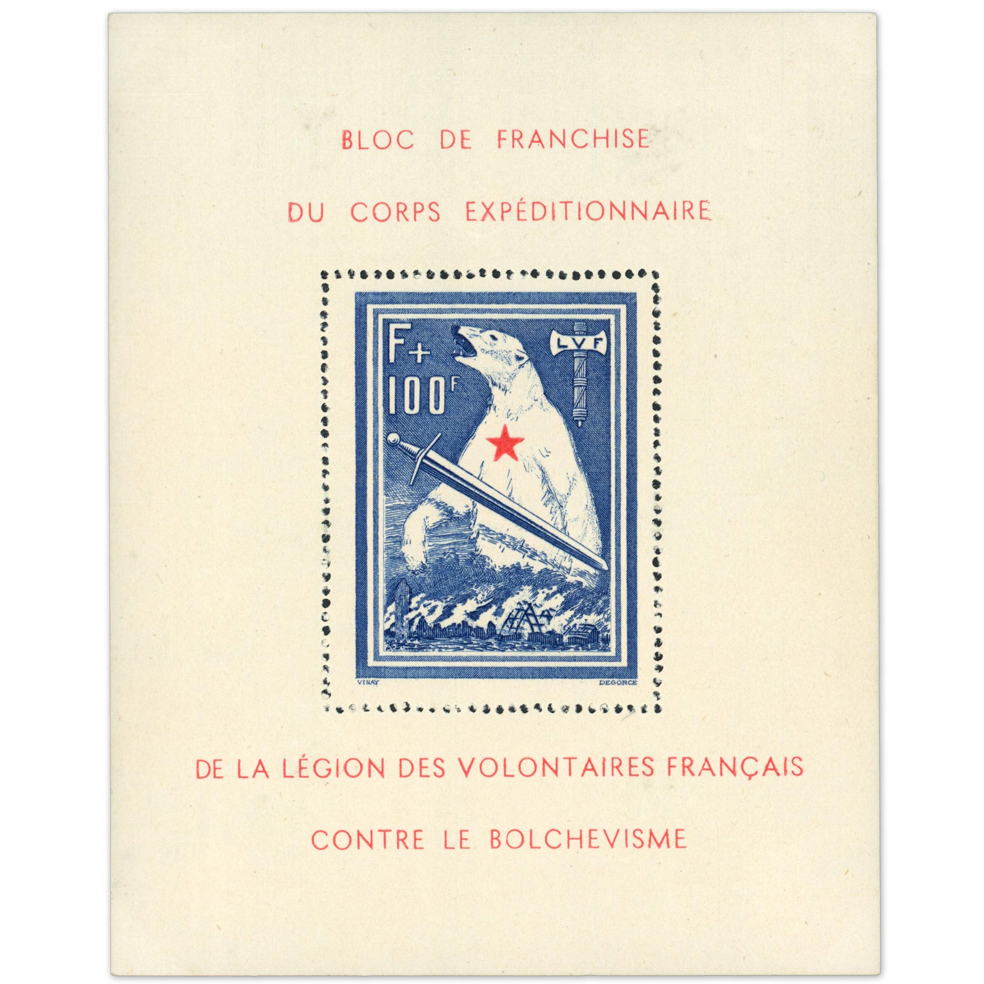 FRANCE BLOC DE L'OURS LVF N°1 TIMBRE ET BLOC NEUF SANS CHARNIÈRE, COTE 750€