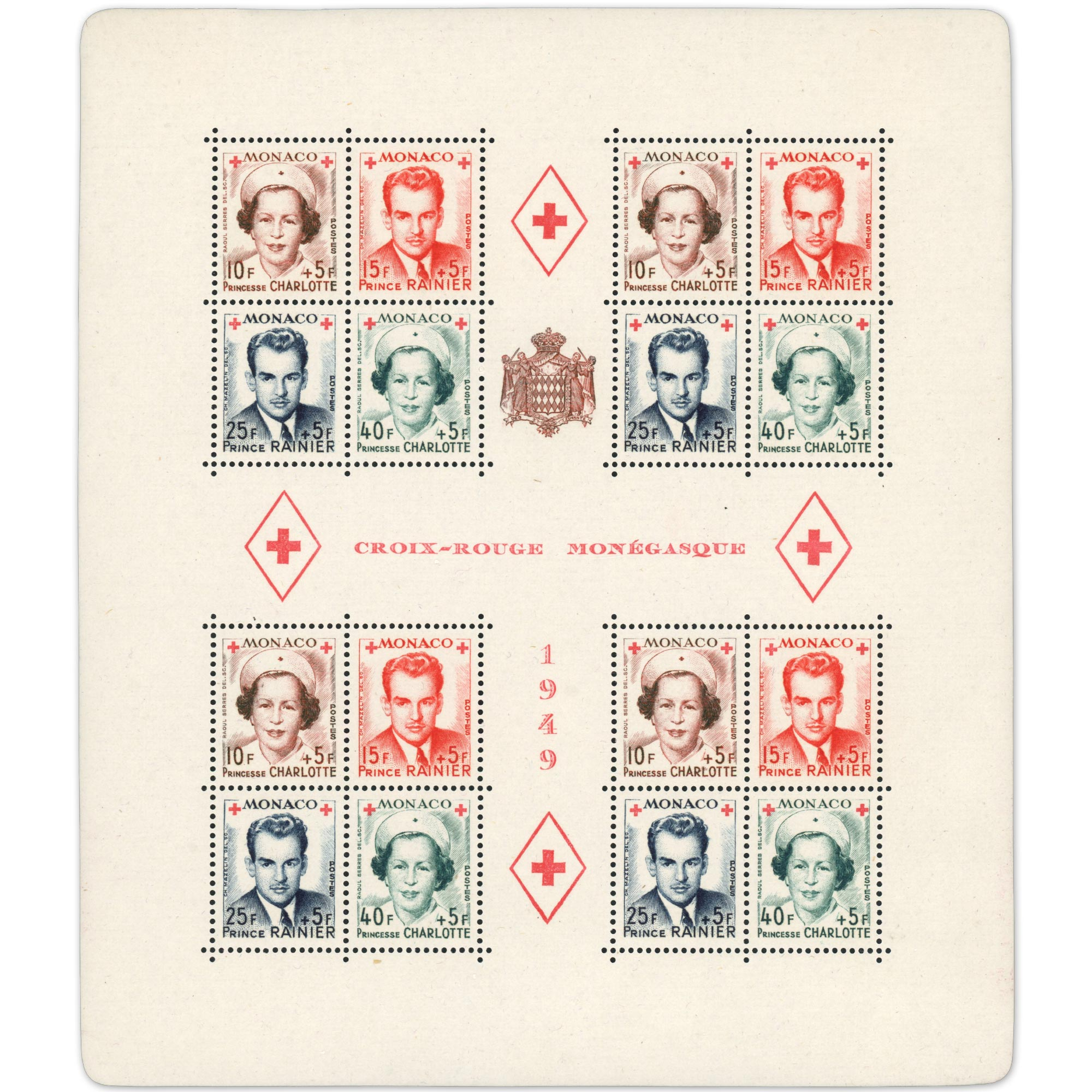MONACO BLOC-FEUILLET N°3A CROIX-ROUGE TIMBRES NEUFS** ANNÉE 1949 COTE 315€
