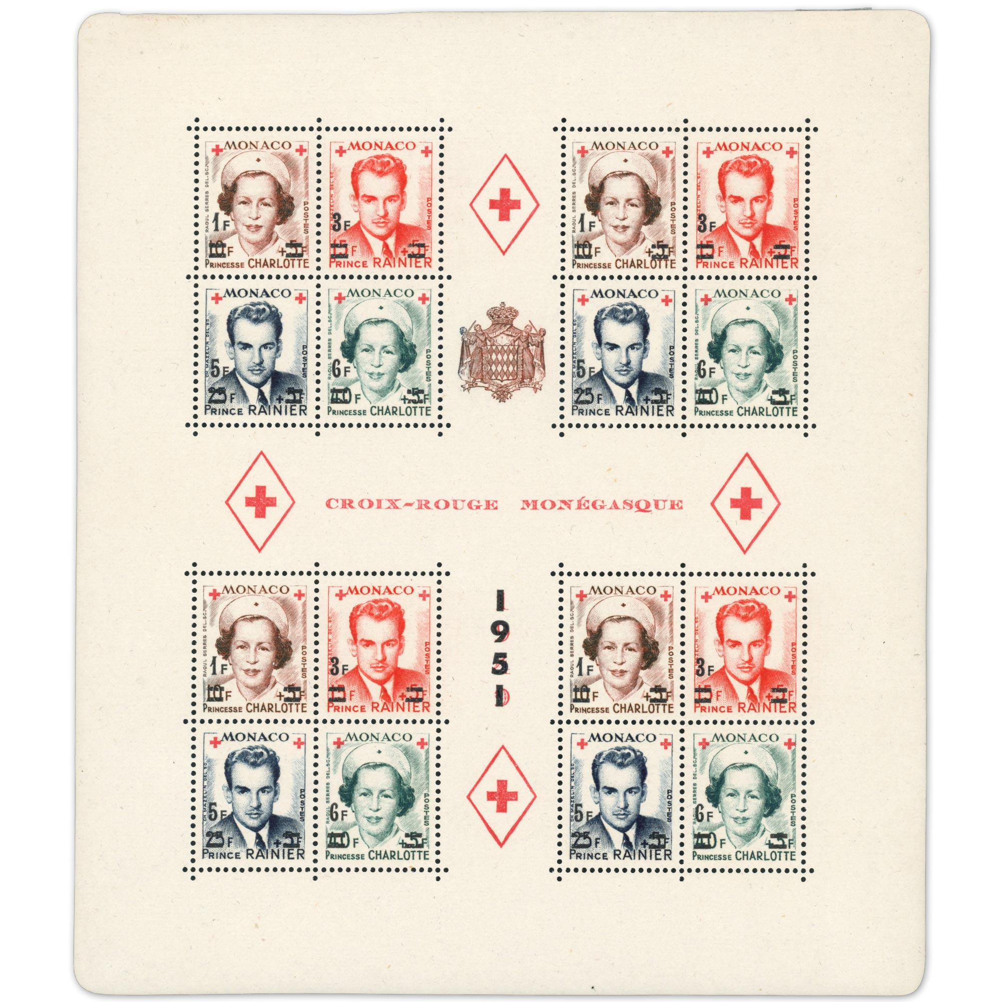 MONACO BLOC-FEUILLET N°4A CROIX-ROUGE TIMBRES NEUFS** ANNÉE 1951 COTE 400€