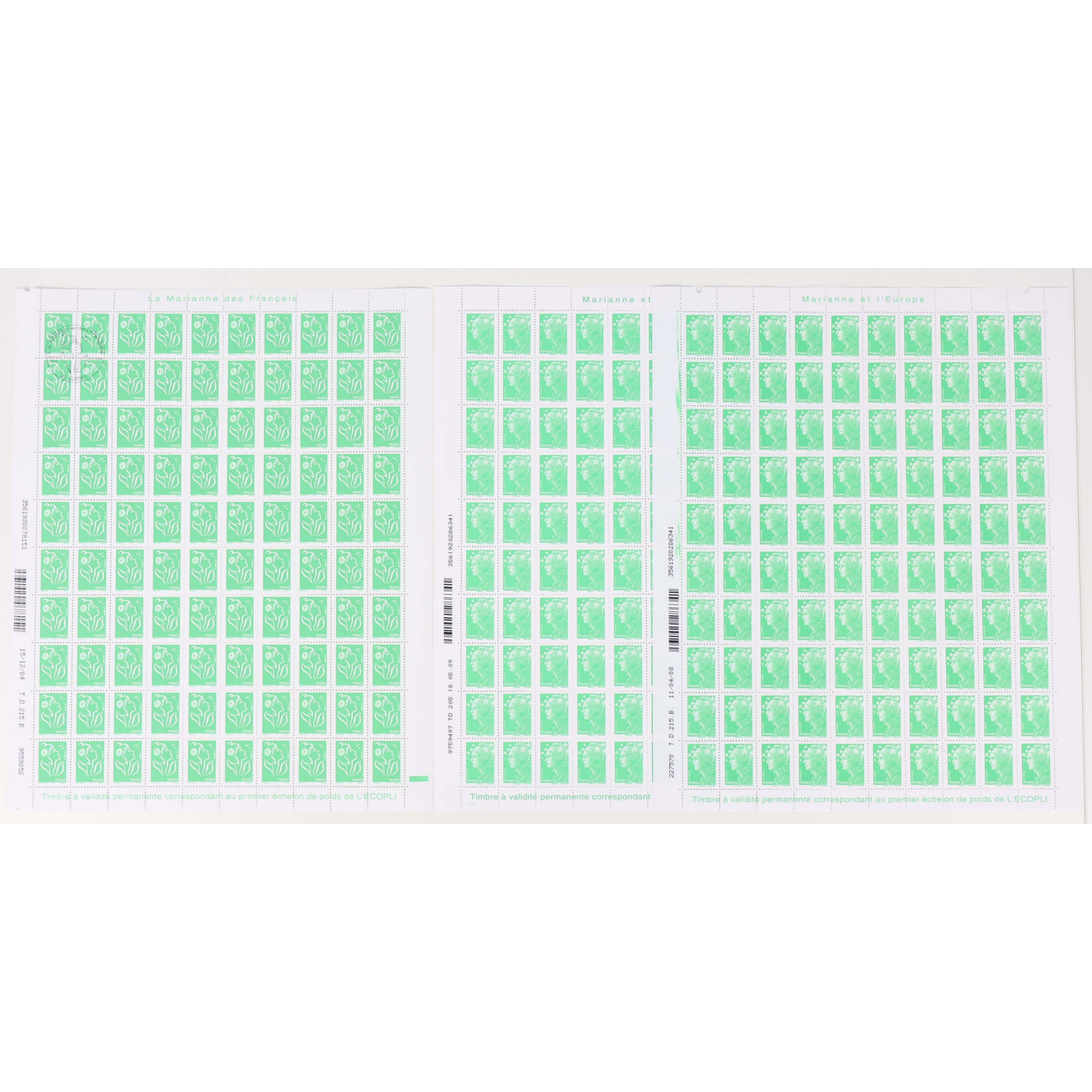 FRANCE LOT DE FEUILLES COMPLÈTES VP ECOPLI TYPE MARIANNE FACIALE 337€