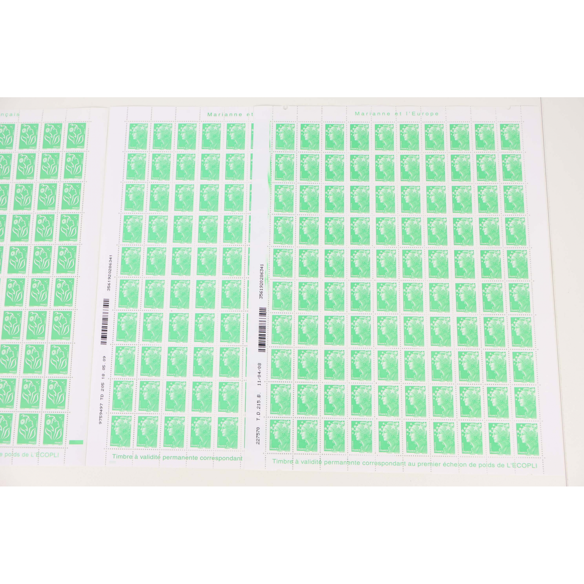 FRANCE LOT DE FEUILLES COMPLÈTES VP ECOPLI TYPE MARIANNE FACIALE 337€