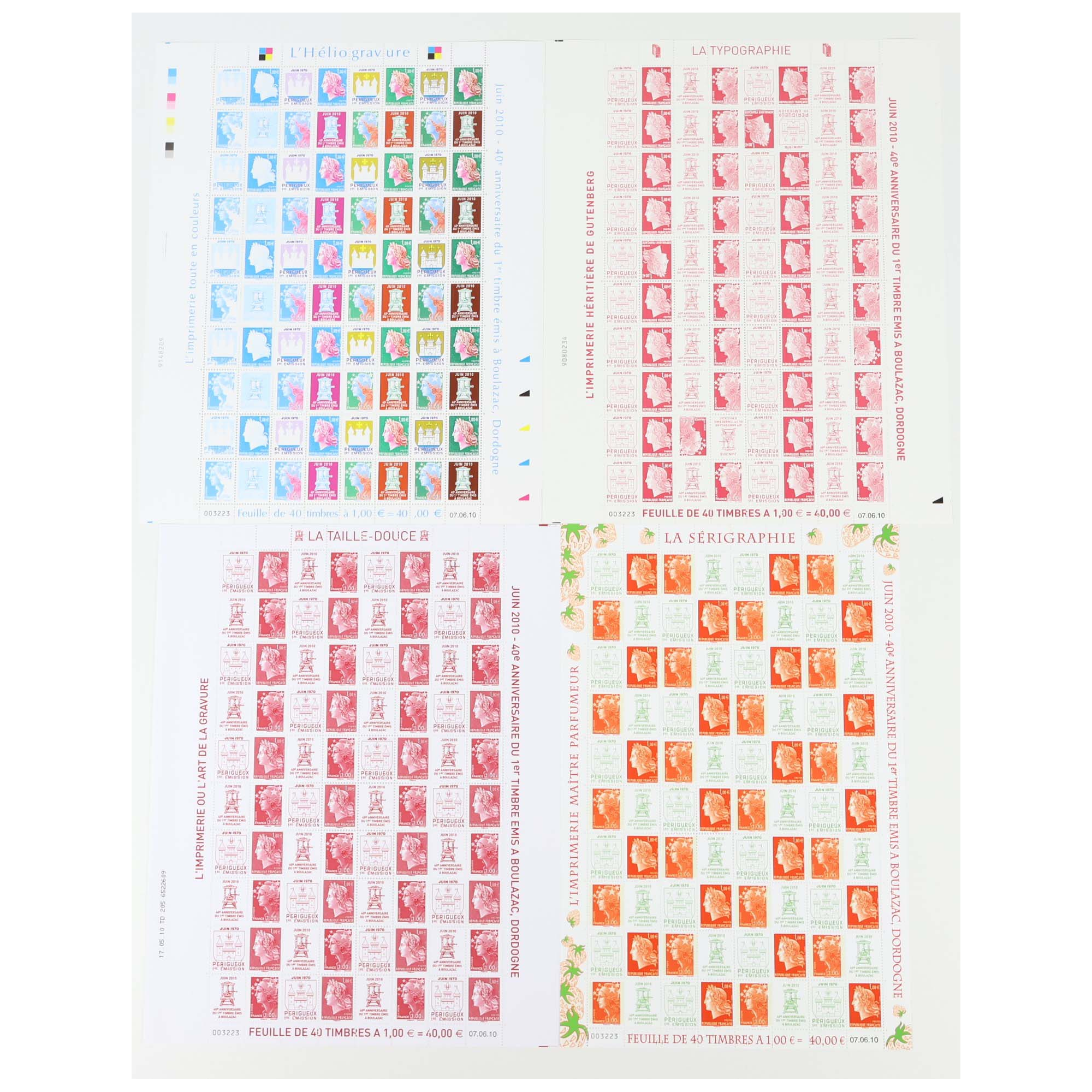 FRANCE LOT DE 4 FEUILLES COMPLÈTES N°4459/4472 TYPES D'IMPRESSION ANNÉE 2010