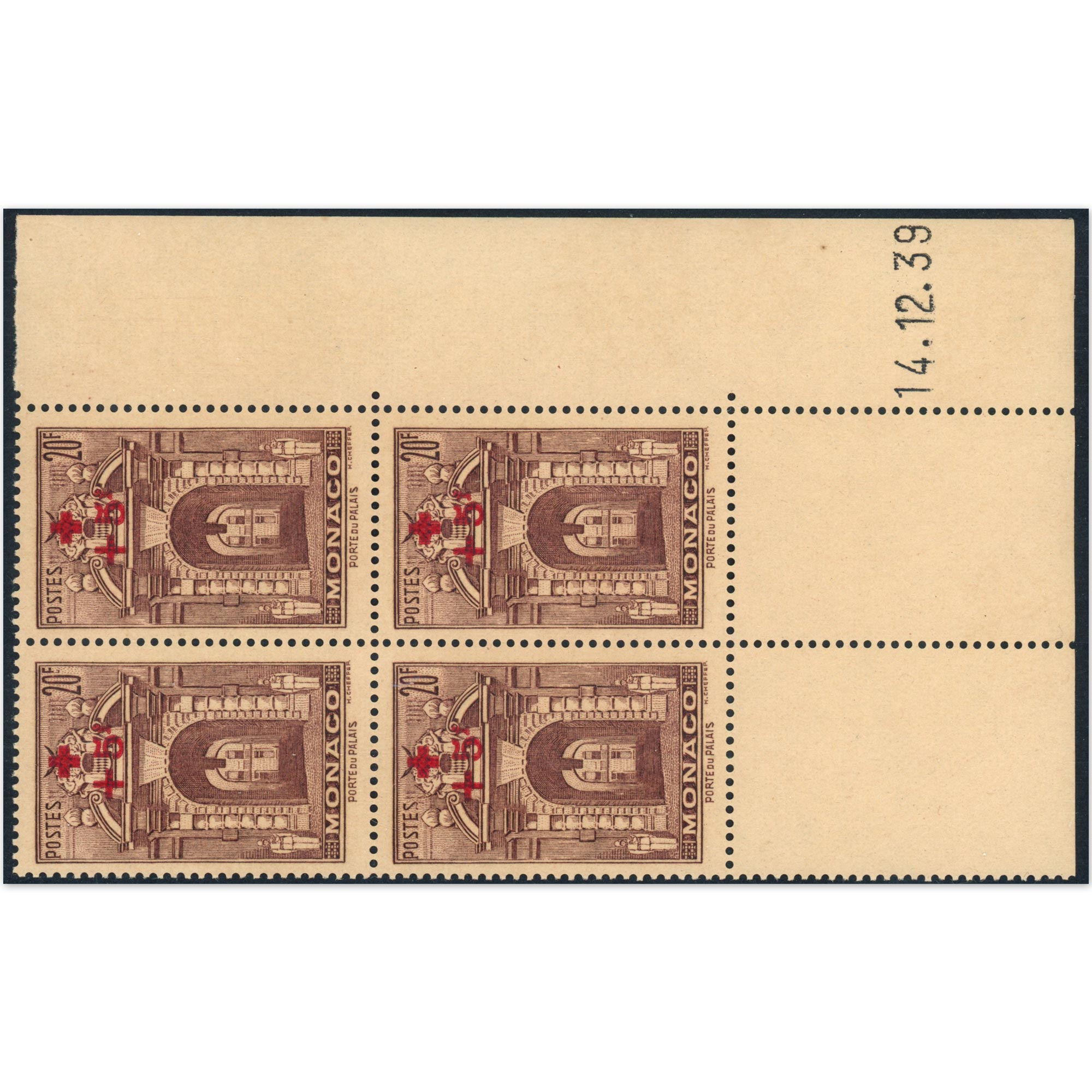 MONACO COIN DATÉ N°214 CROIX-ROUGE TIMBRES NEUFS AVEC HUMIDITÉ COTE 400€