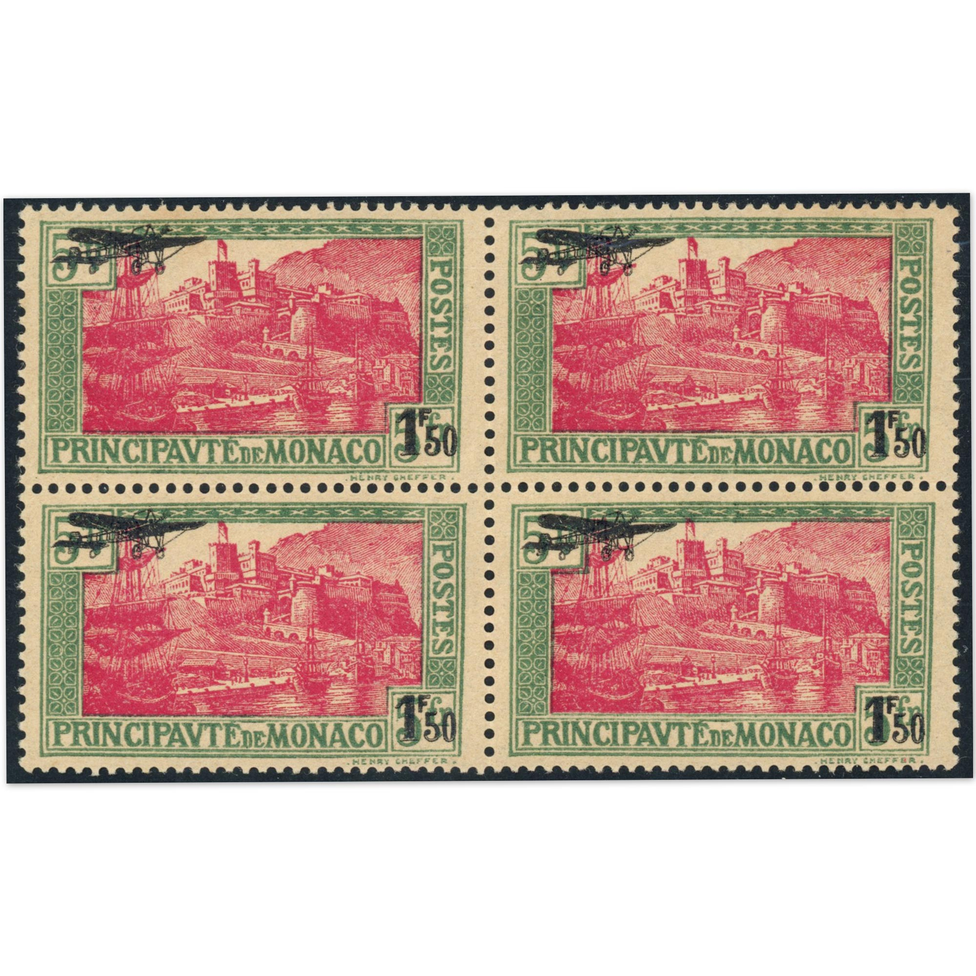 MONACO BLOC DE 4 TIMBRES POSTE AÉRIENNE N°1 TP DE 1924-29 SURCHARGÉS COTE 400€