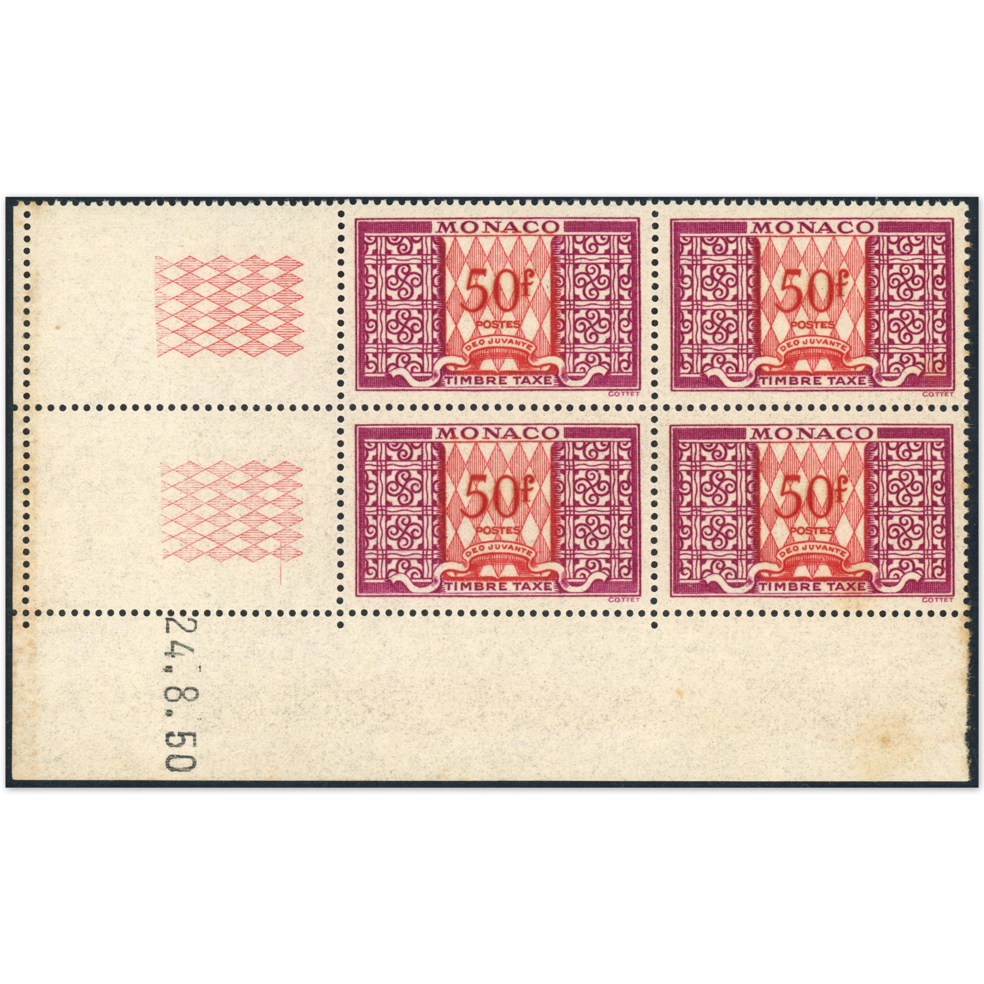 MONACO BLOC DE 4 TIMBRES TAXE N°38A 50f LILAS ET ROUGE PB HUMIDITÉ COTE 244€