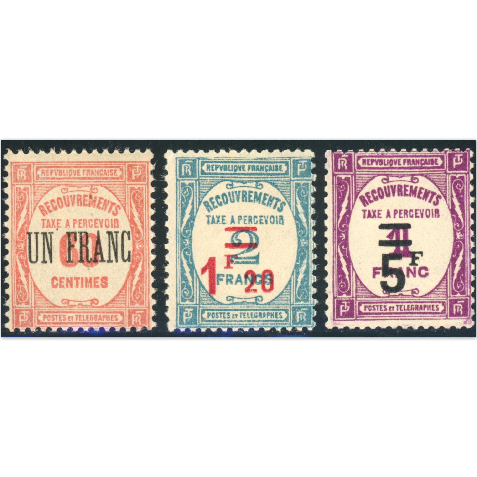 FRANCE TIMBRE-TAXE N°63 À 65 TIMBRES NEUFS**/* DE 1927 SURCHARGÉS, COTE 425€