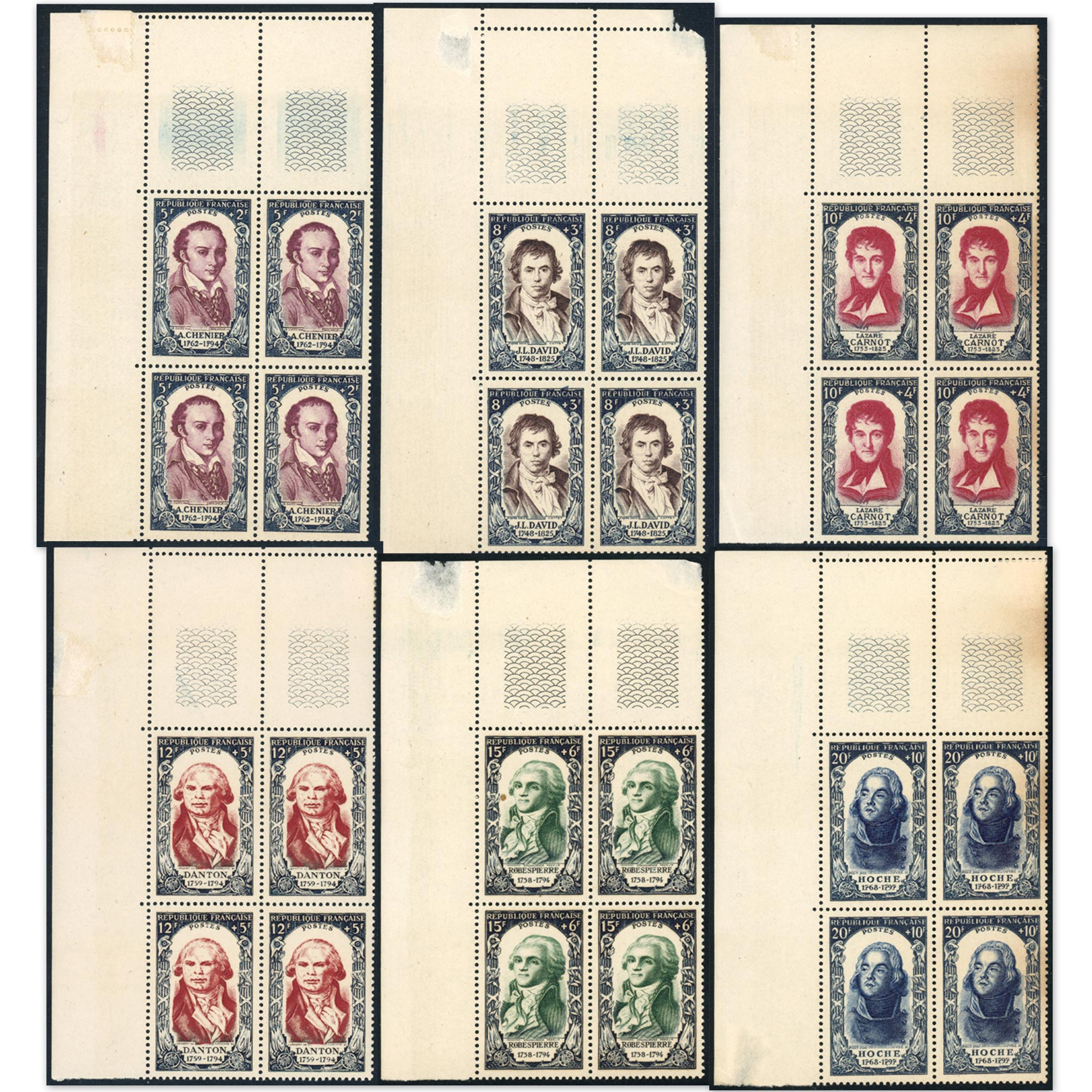 FRANCE BLOCS DE 4 TIMBRES N°867/872 NEUFS SÉRIE COMPLÈTE AVEC ROUSSEURS