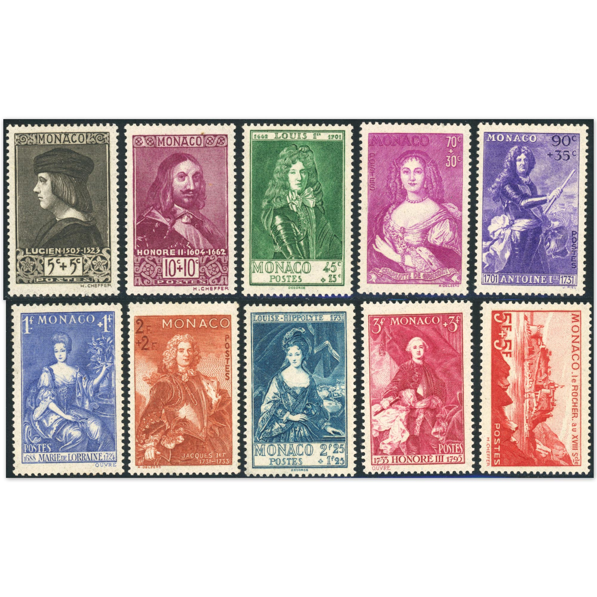 MONACO N°185 À 194 TIMBRES NEUFS* PRINCES ET PRINCESSES ANNÉE 1939 COTE 300€