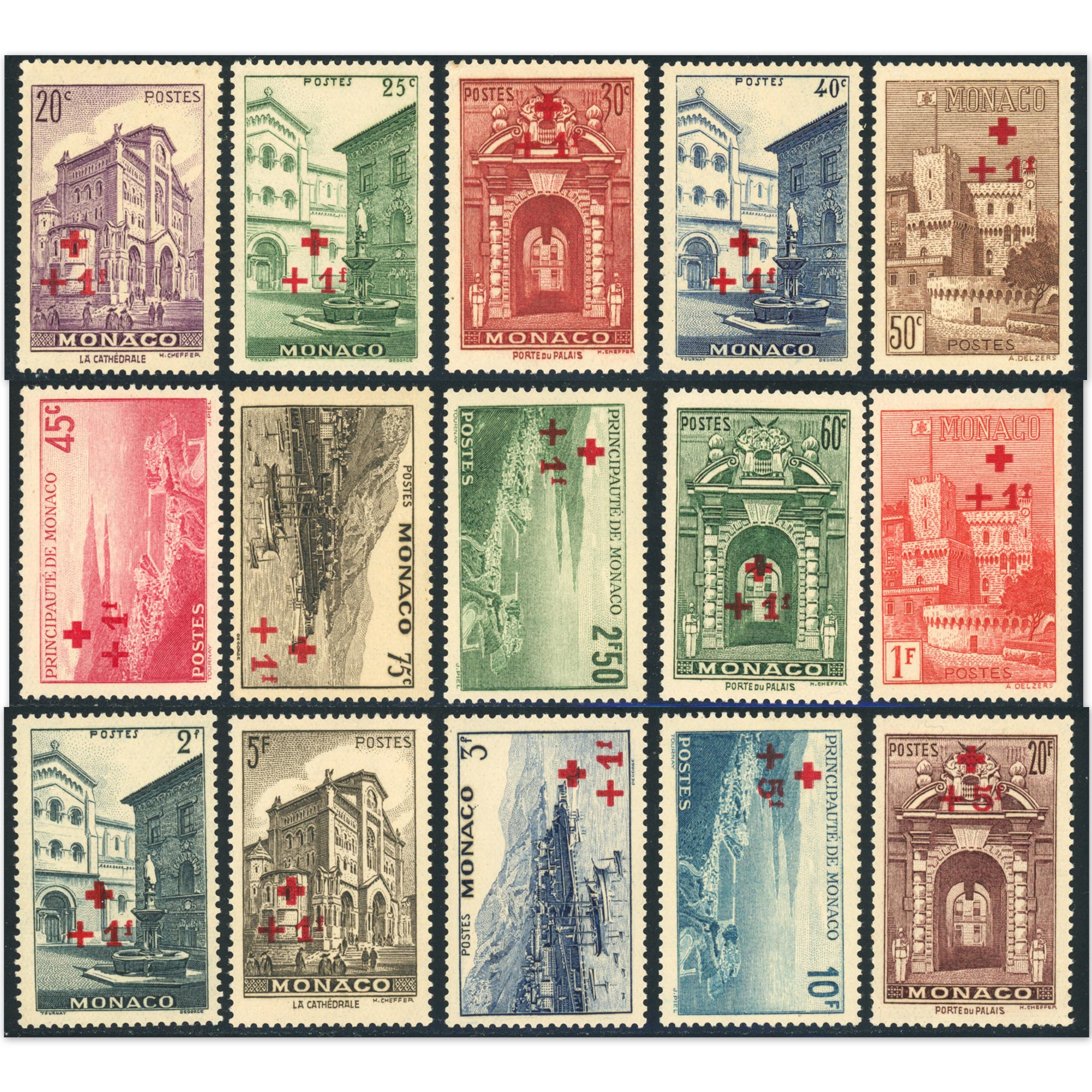 MONACO N°200 À 214 TIMBRES NEUFS** CROIX-ROUGE SURCHARGÉS ANNÉE 1940 COTE 420€