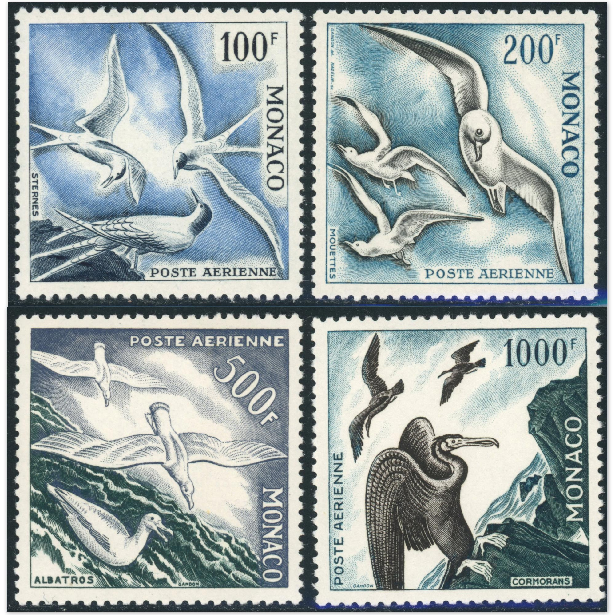 MONACO POSTE AÉRIENNE N°55 À 58 OISEAUX DE MER TIMBRES NEUFS** COTE 575€