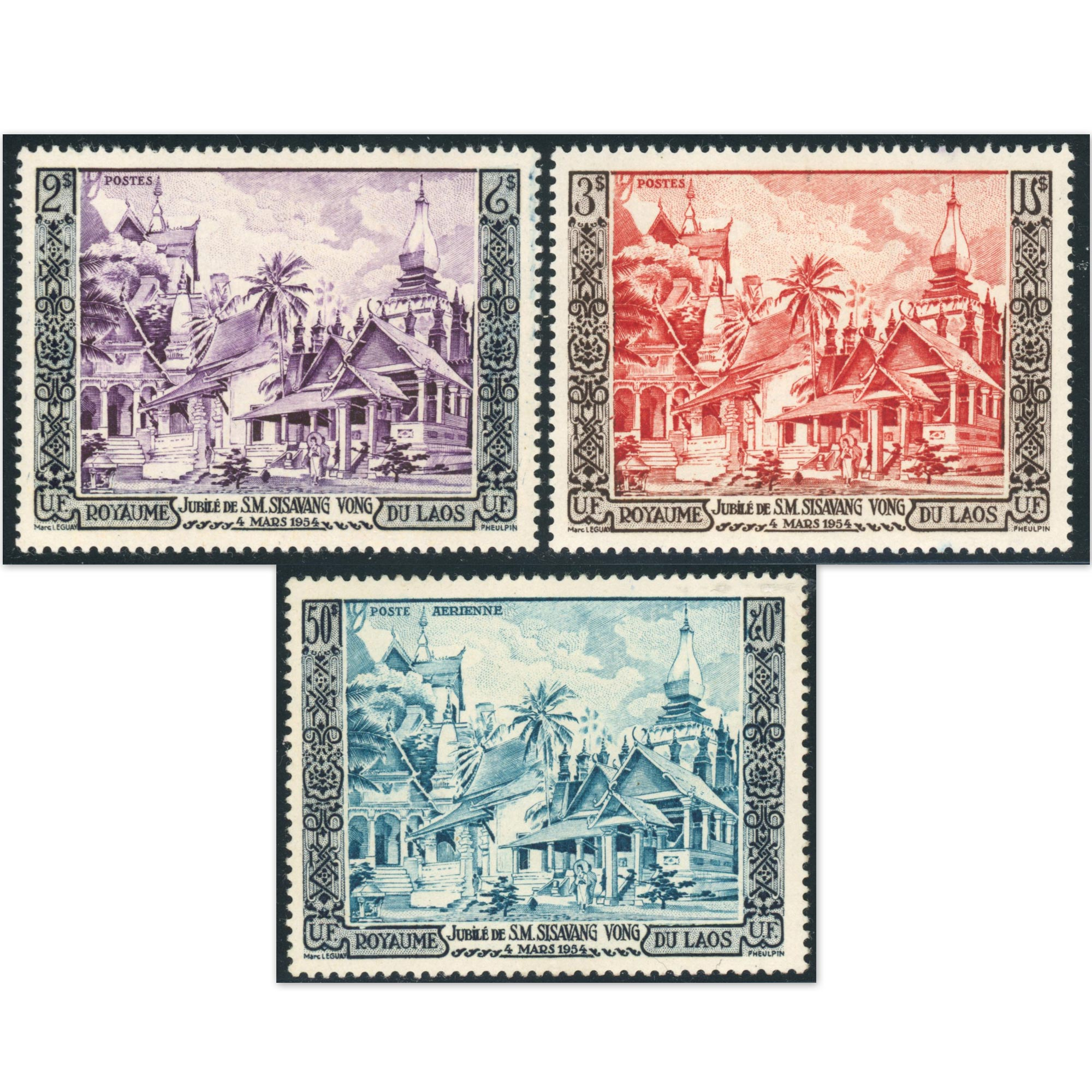 LAOS 3 TIMBRES JUBILÉ DE SM SISAVANG N°28/29/PA 13 TIMBRES NEUFS ANNÉE 1954