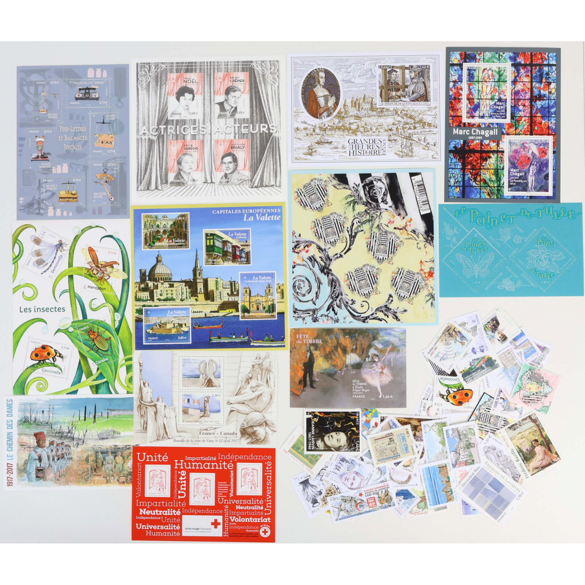 FRANCE LOT DE TIMBRES-POSTE ET DE BLOCS-FEUILLET DE 2017 NEUFS** FACIALE 89€