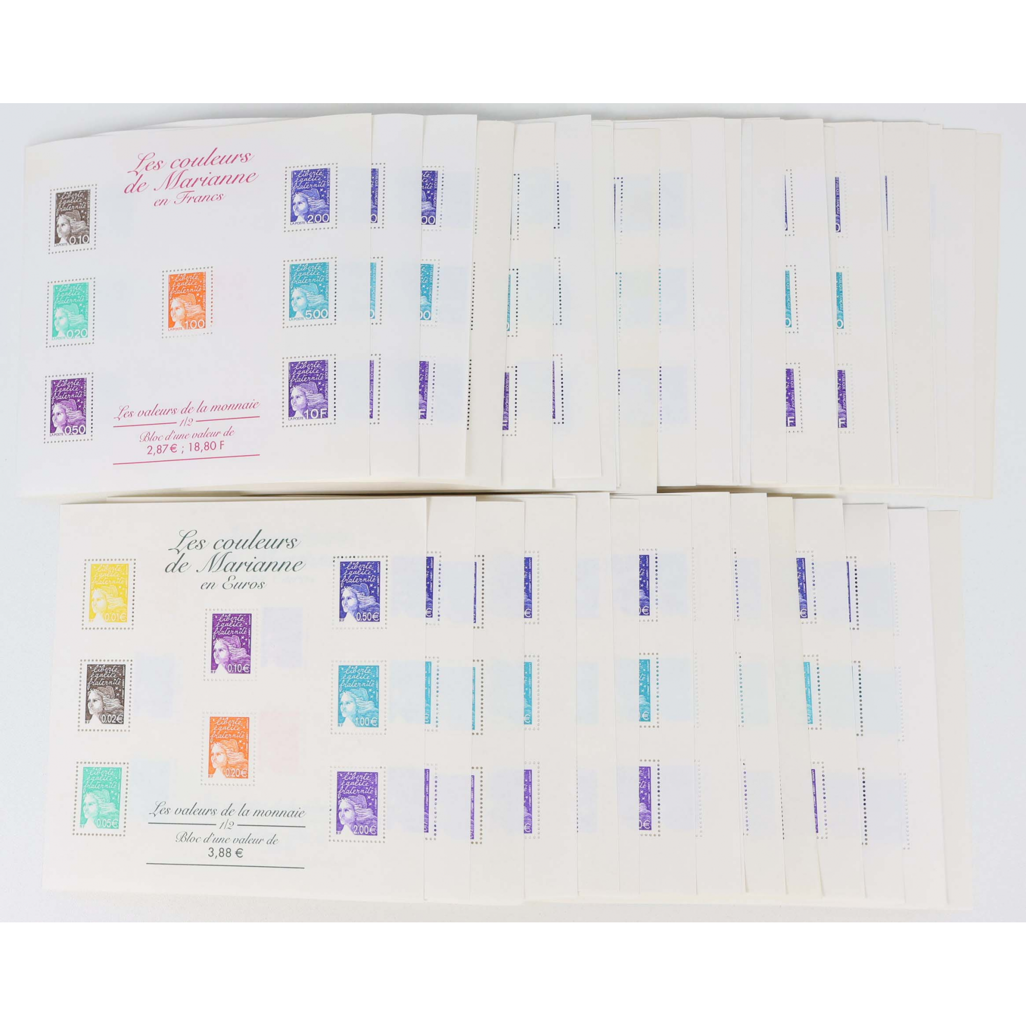 LOT BLOCS FEUILLETS TIMBRES EN EUROS AVEC DÉFAUTS POUR AFFRANCHIR, FACIALE 167€
