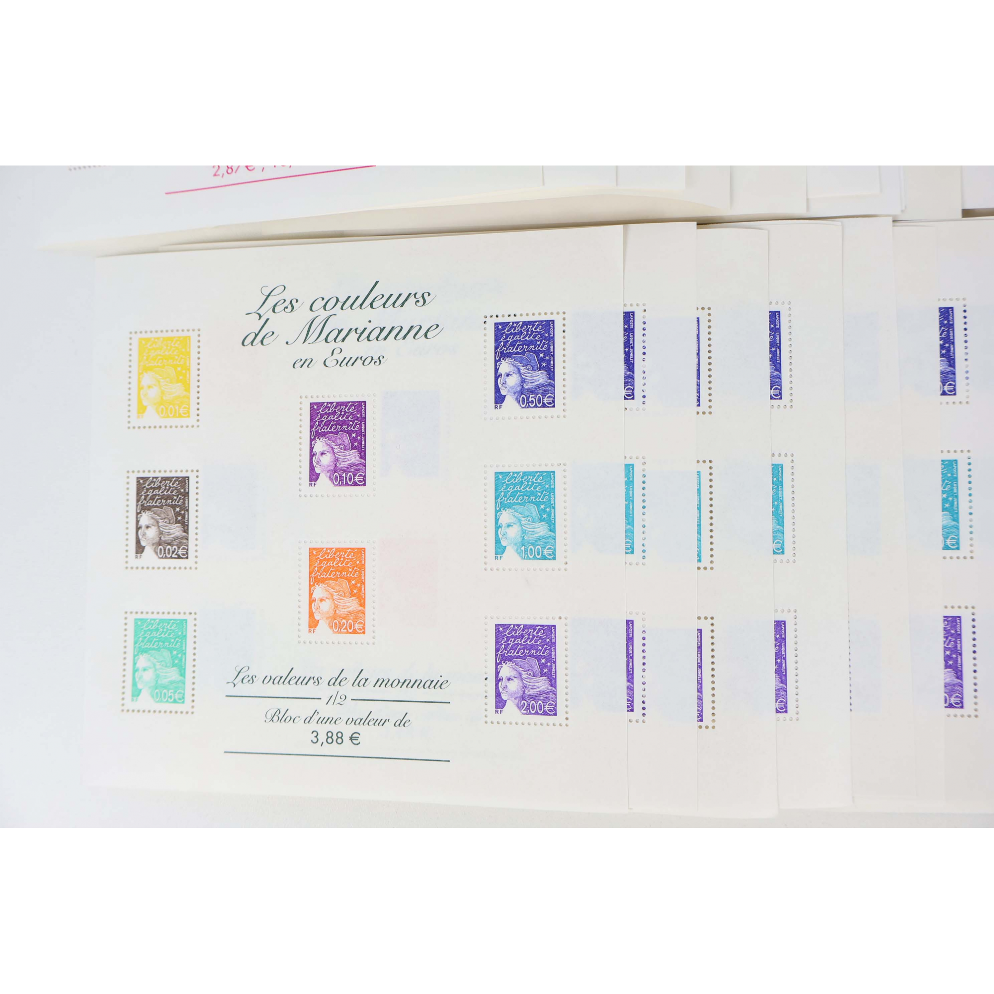 LOT BLOCS FEUILLETS TIMBRES EN EUROS AVEC DÉFAUTS POUR AFFRANCHIR, FACIALE 167€