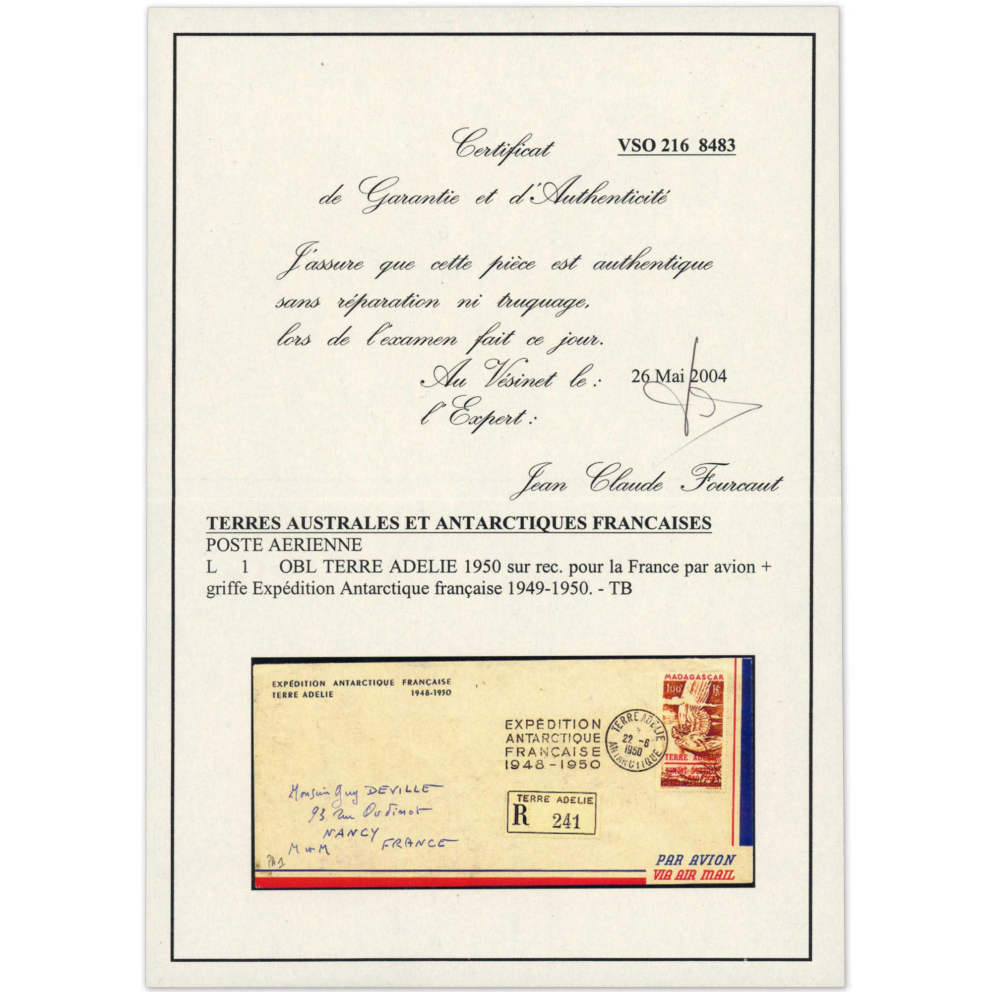 TAAF TIMBRE PA N°1 RARE 22 JUIN 1950 OBL TERRE ADÉLIE AVEC CERTIFICAT FOURCAULT