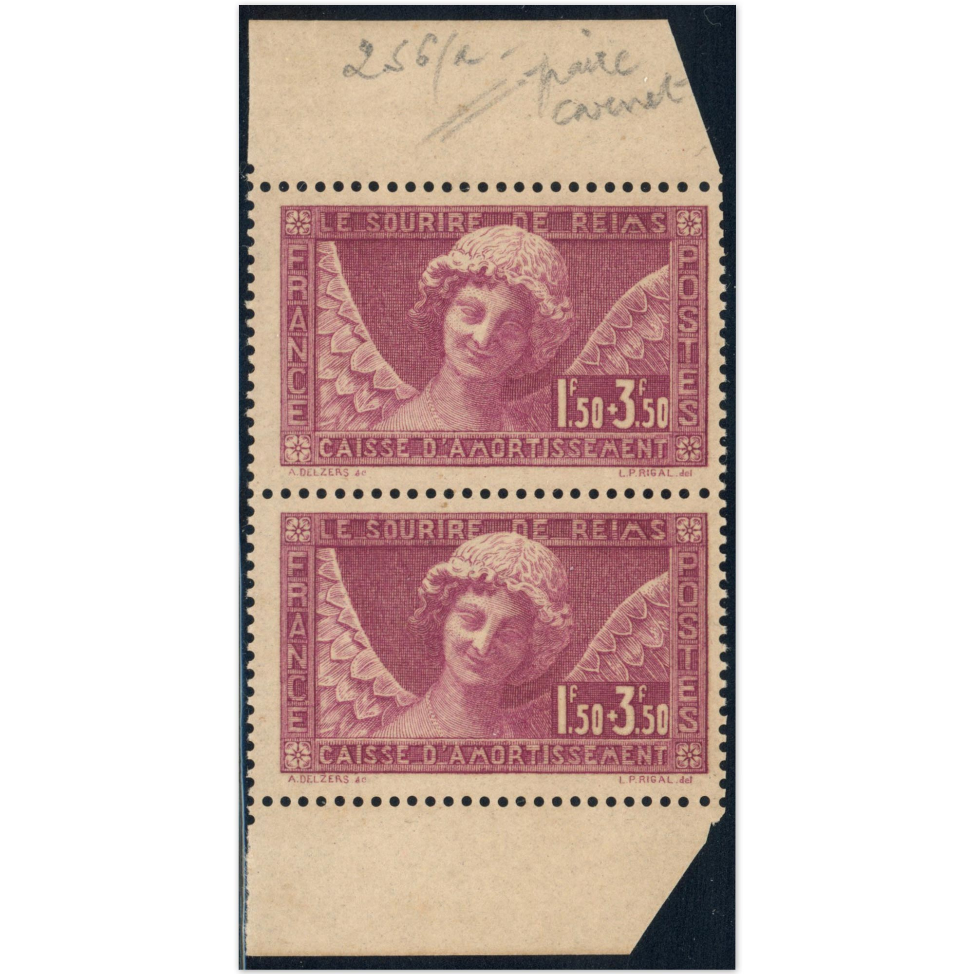 FRANCE PAIRE VERTICALE DE CARNET SOURIRE DE REIMS N°256 TIMBRES NEUFS COTE 330€