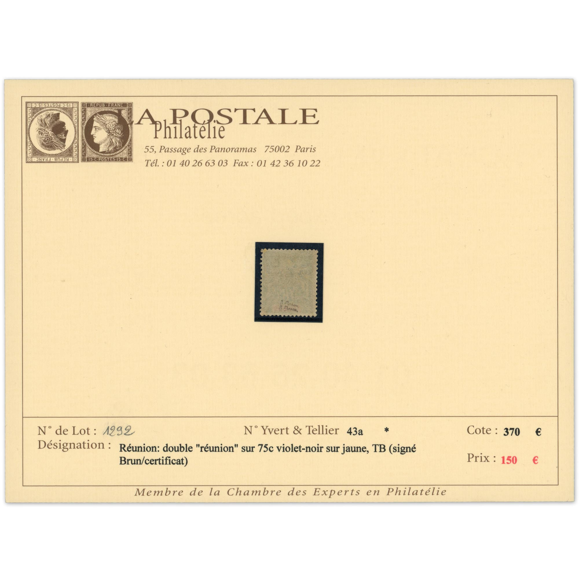 COLONIES FR RÉUNION VARIÉTÉ DOUBLE SURCHARGÉ N°43a COTE 525€ SIGNÉ BRUN + CERTIF