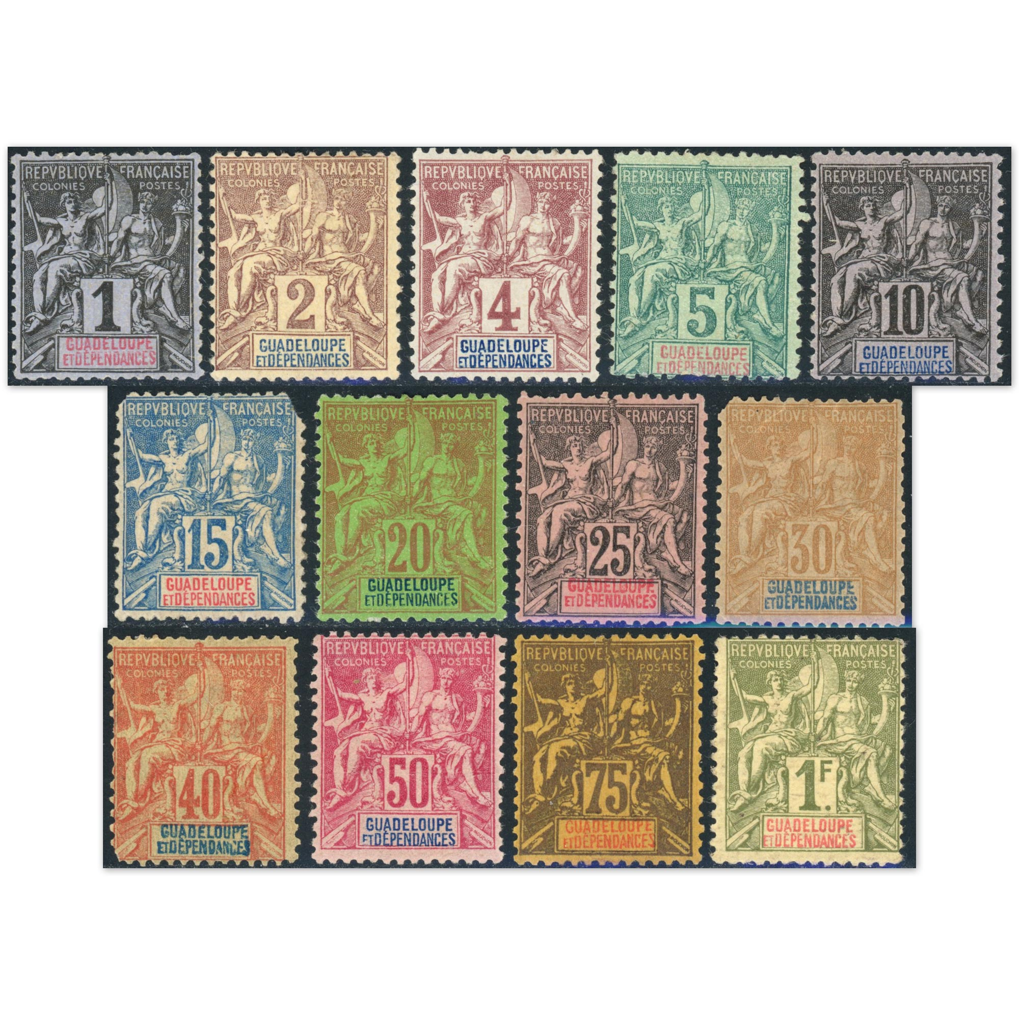 COLONIES FR GUADELOUPE N°27 À 39 SÉRIE COMPLÈTE TIMBRES NEUFS AVEC DÉFAUTS