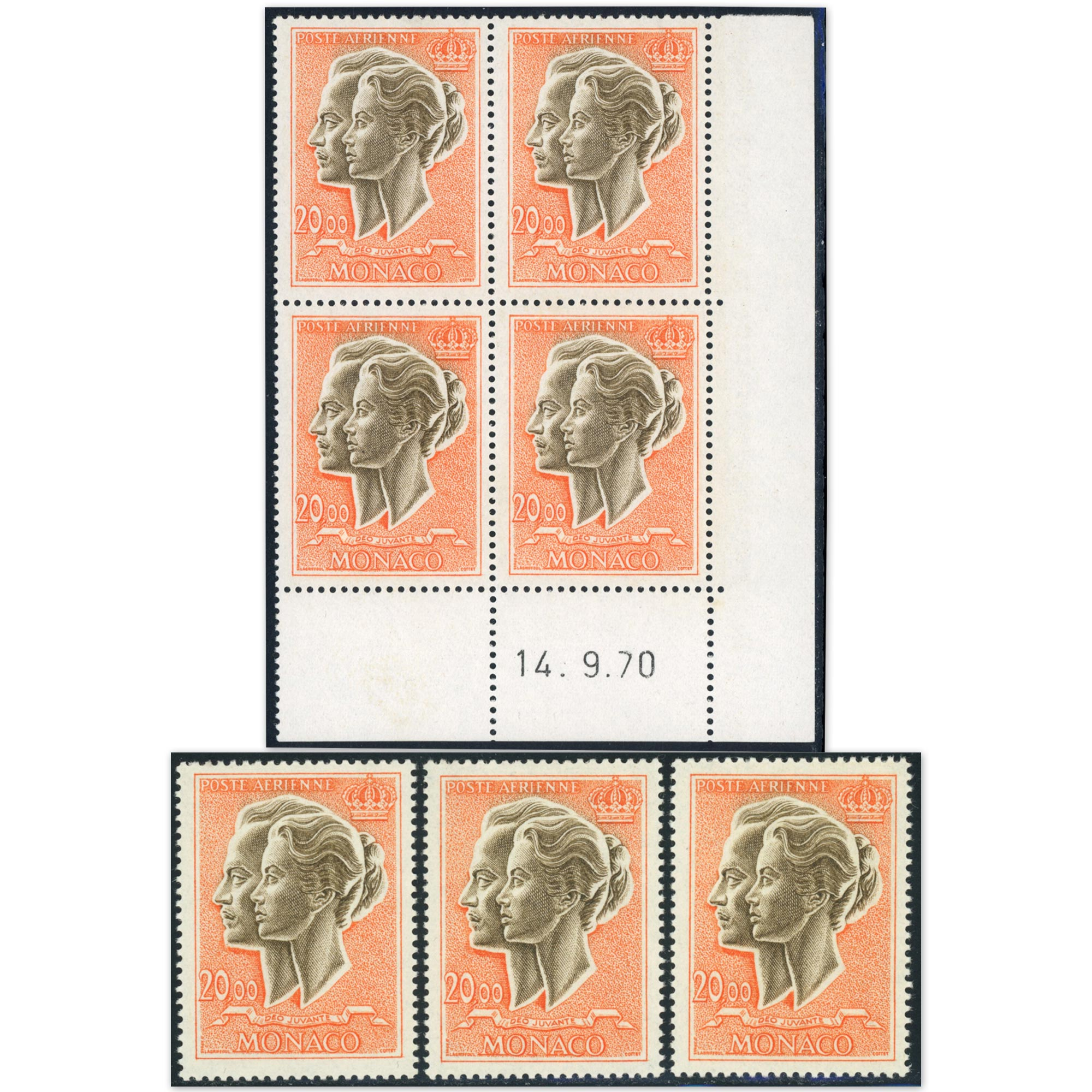 MONACO STOCK DE 7 TIMBRES NEUFS POSTE AÉRIENNE N°90A "COUPLE PRINCIER" COTE 366€