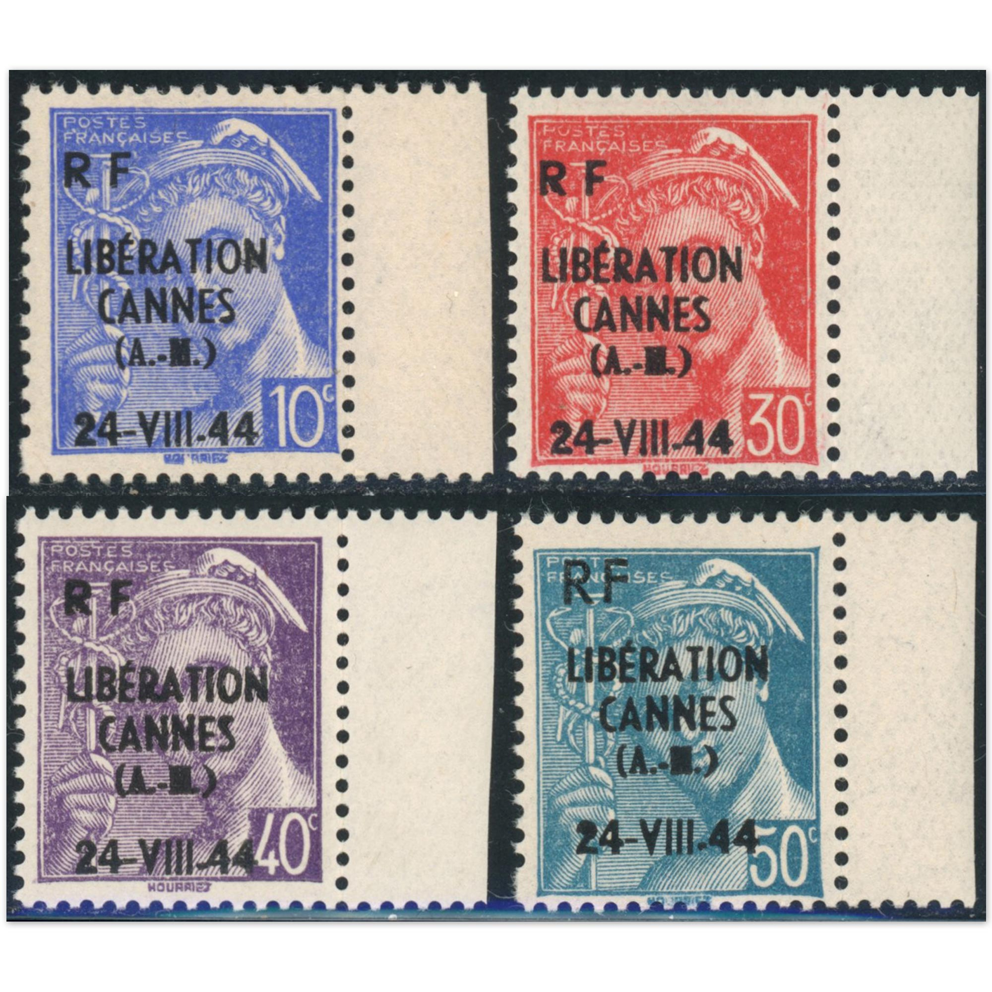TIMBRES LIBÉRATION CANNES N°1 À 4 SÉRIE COMPLÈTE TIMBRES NEUFS** AVEC BDF
