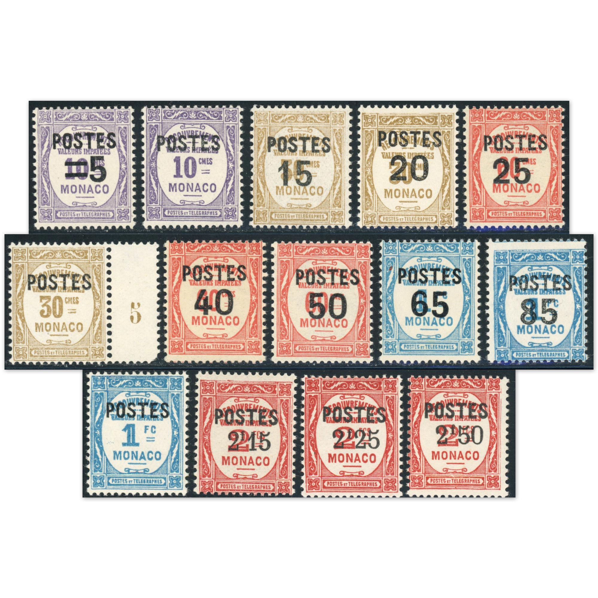 MONACO SÉRIE COMPLÈTE N°140 À 153 "TIMBRES-TAXES SURCHARGÉS" TIMBRES NEUFS**