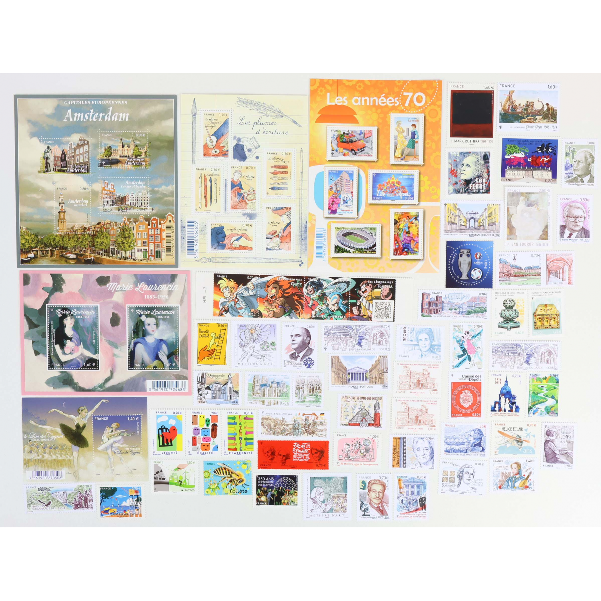 FRANCE ANNÉE 2016 LOT DE BLOCS-FEUILLETS ET TIMBRES-POSTE NEUFS** FACIALE 66€