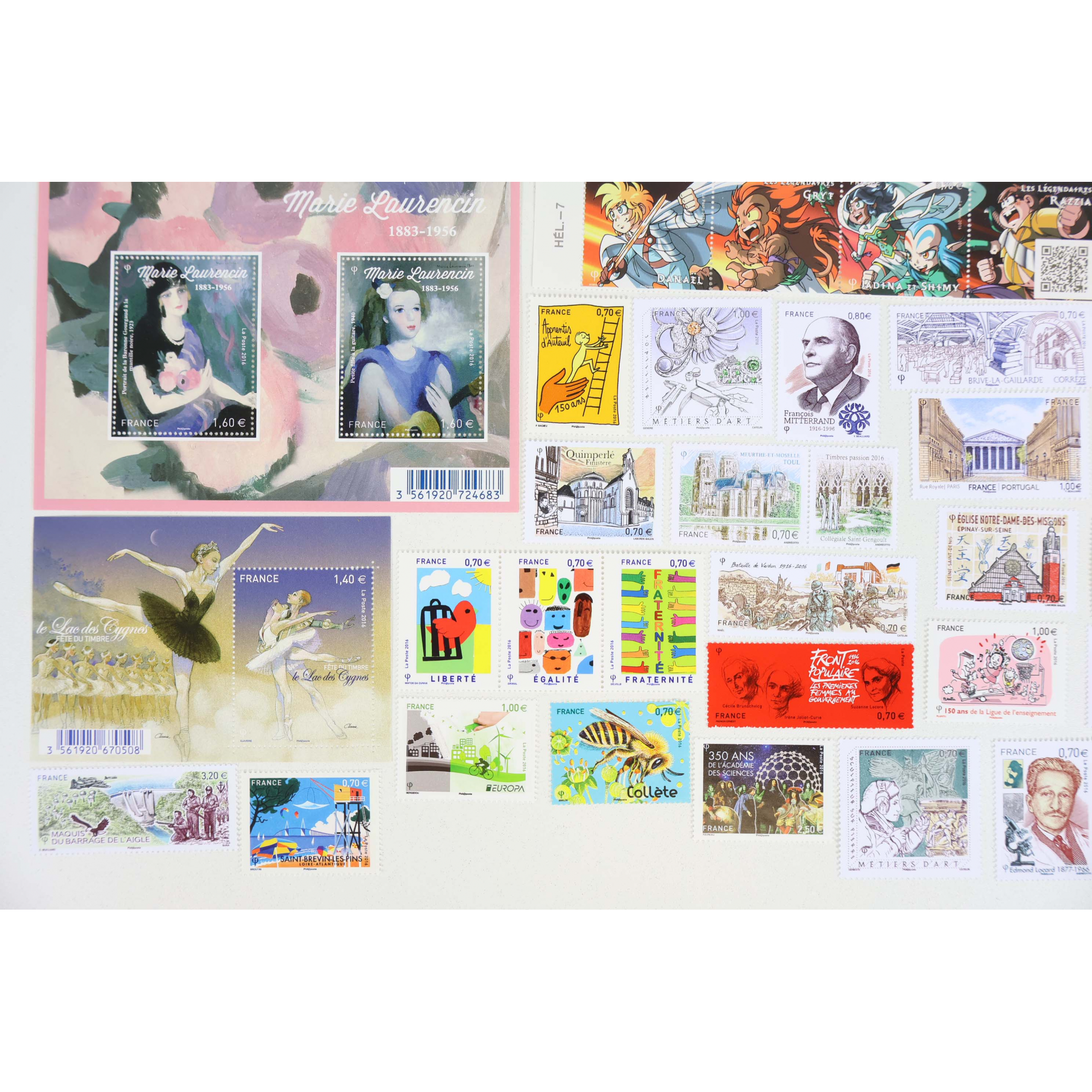 FRANCE ANNÉE 2016 LOT DE BLOCS-FEUILLETS ET TIMBRES-POSTE NEUFS** FACIALE 66€