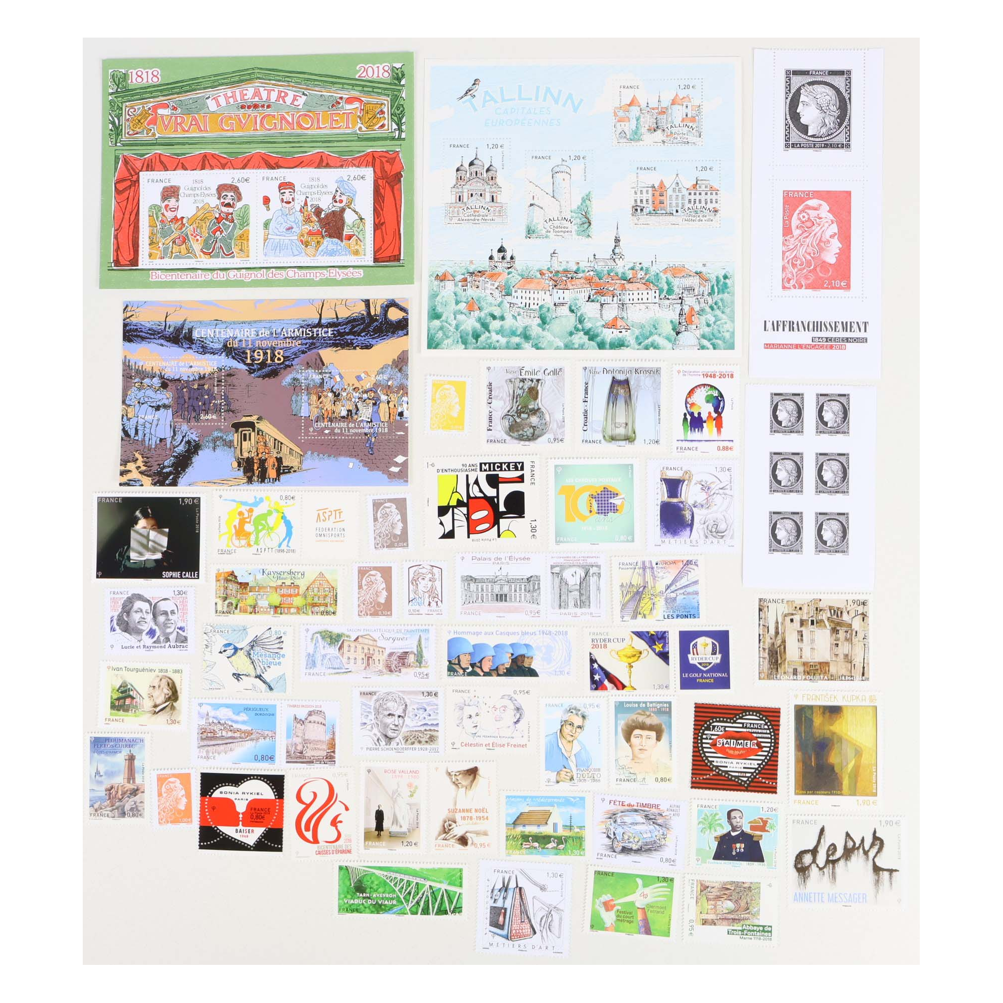 FRANCE ANNÉE 2018 LOT DE BLOCS-FEUILLETS ET TIMBRES-POSTE NEUFS** FACIALE 71€