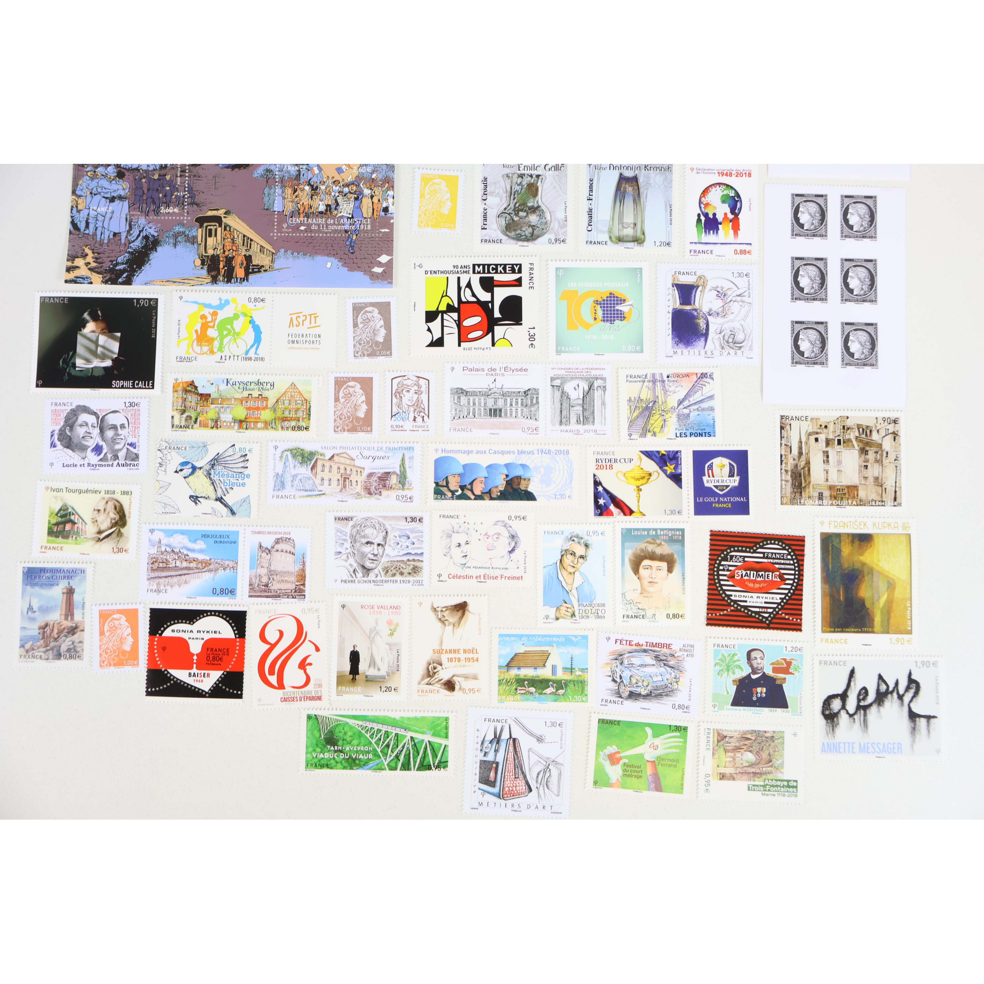 FRANCE ANNÉE 2018 LOT DE BLOCS-FEUILLETS ET TIMBRES-POSTE NEUFS** FACIALE 71€