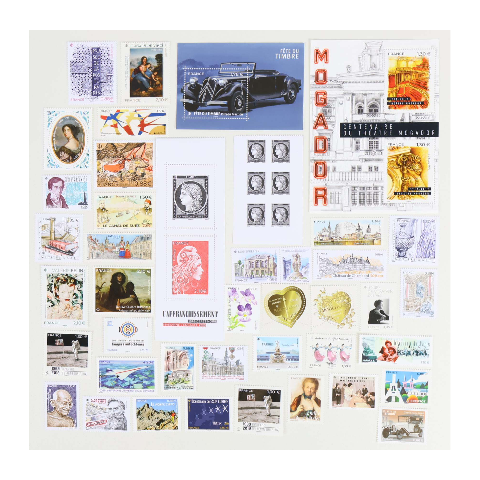 FRANCE ANNÉE 2019 LOT DE BLOCS-FEUILLETS ET TIMBRES-POSTE NEUFS** FACIALE 60€