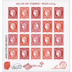 FEUILLET FRANCE N° F4871 SALON DU TIMBRE 2014, TIMBRES CÉRÈS 1849 NON DENTELÉS AVEC DÉFAUT