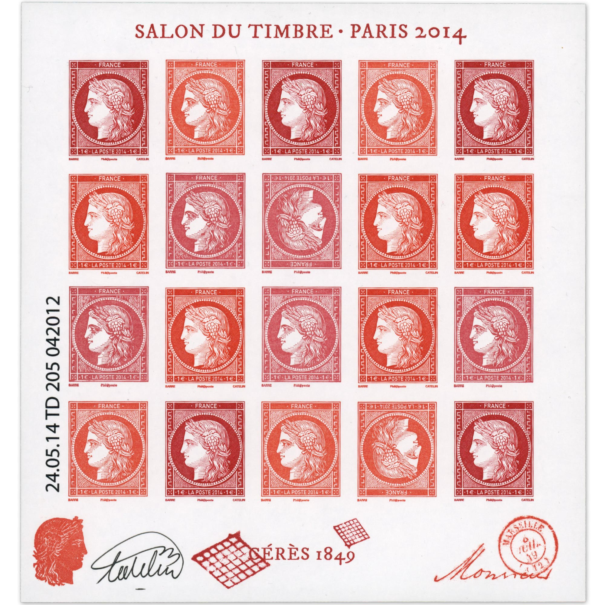 FEUILLET FRANCE N° F4871 SALON DU TIMBRE 2014, TIMBRES CÉRÈS 1849 NON DENTELÉS AVEC DÉFAUT