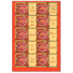 FEUILLE TIMBRES SAINT-VALENTIN "COEURS SCHERRER" (F3861A) AVEC VIGNETTE je t'aime