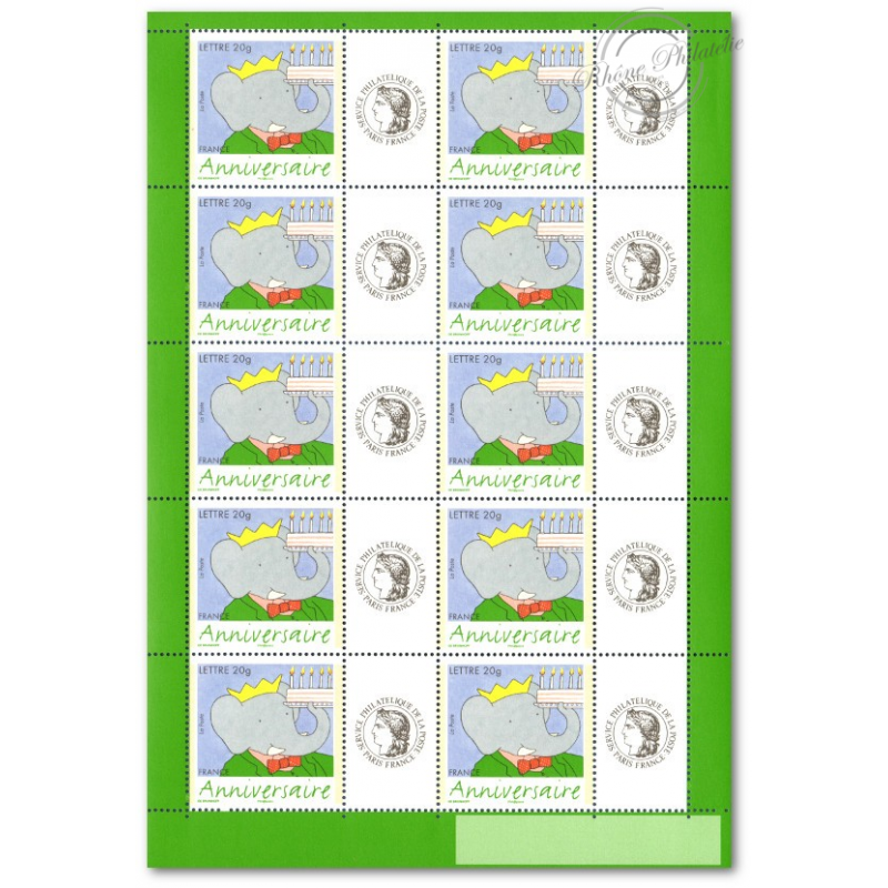 FEUILLE PERSONNALISÉE TIMBRES ANNIVERSAIRE BABAR F3927A AVEC VIGNETTE CÉRÈS