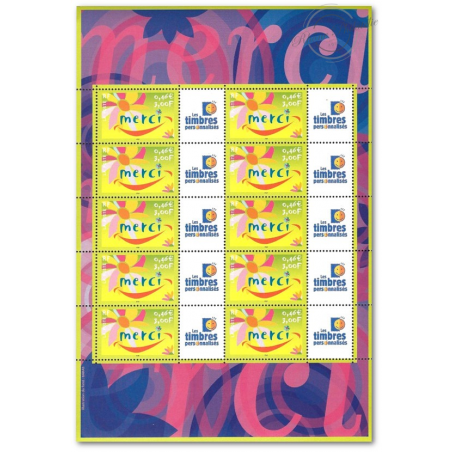 FEUILLE FRANCE F3433A TIMBRES "MERCI" AVEC VIGNETTE TIMBRES PERSOS