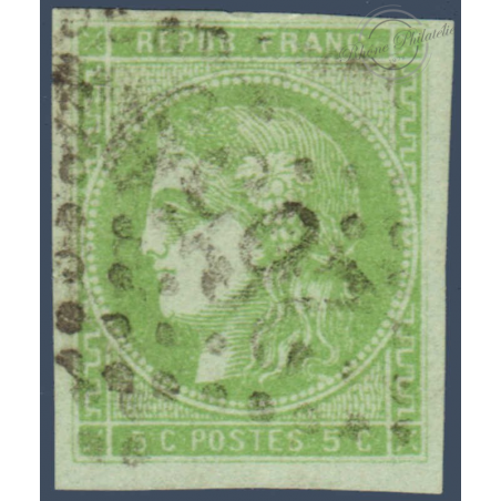FRANCE N° 42B TYPE CERES 5C VERT-JAUNE, TIMBRE OBLITERE GROS CHIFFRES 1870