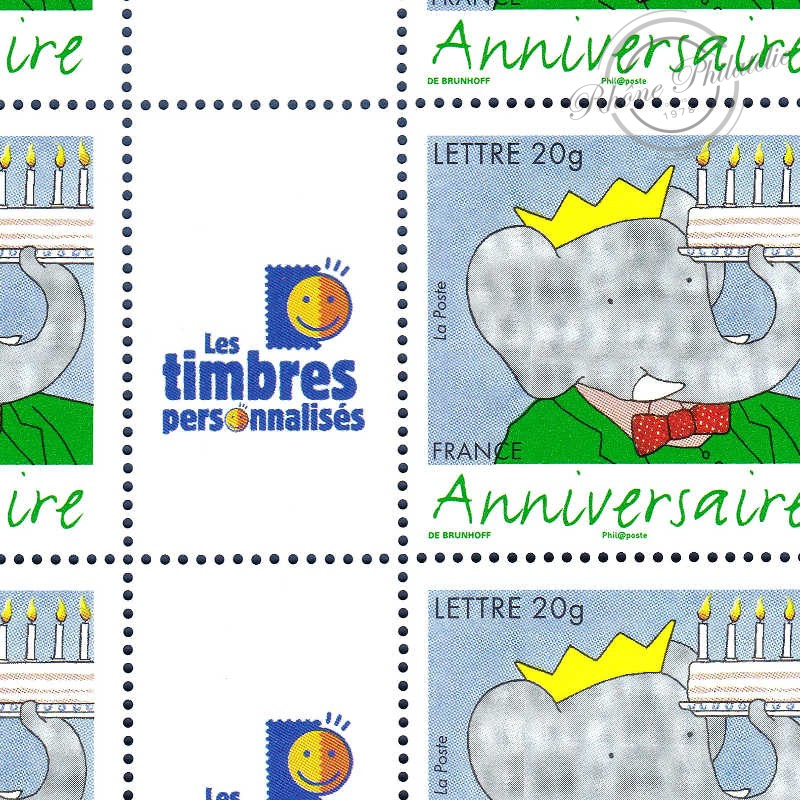 FEUILLE TIMBRES ANNIVERSAIRES BABAR (3927A) AVEC VIGNETTE TIMBRES PERSONNALISES