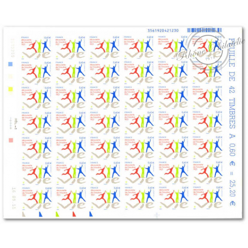 FEUILLE TIMBRES POSTE AUTOADHESIFS 635 ANNIVERSAIRE DECOUVERTE INSULINE (2011)