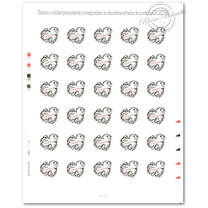 FEUILLE TIMBRES POSTE AUTOADHESIFS 103 COEURS 2007 GIVENCHY POUR LETTRE 50G