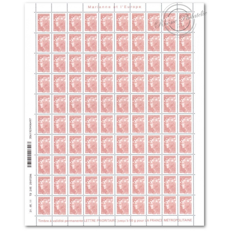 FEUILLE TIMBRES POSTE N°4569 MARIANNE DE BEAUJARD (2011) LILAS BRUN LETTRE 50G