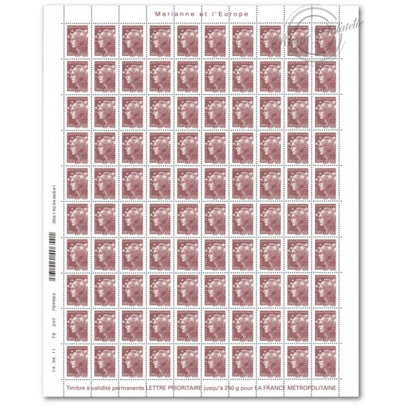 FEUILLES TIMBRES POSTE N°4571 MARIANNE DE BEAUJARD (2011) BRUN PRUNE LETTRE 250G