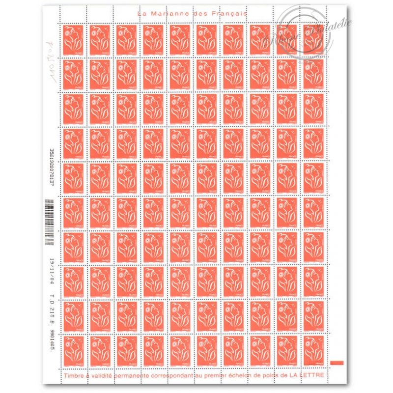 FEUILLE TIMBRES POSTE N°3734 MARIANNE ROUGE DE LAMOUCHE (2005)