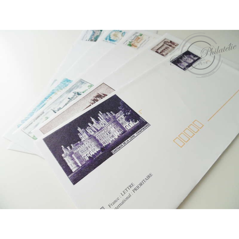 LOT DE 5 ENVELOPPES PRET-A-POSTER CARTES ASSORTIES SUR CHATEAUX DE LA LOIRE