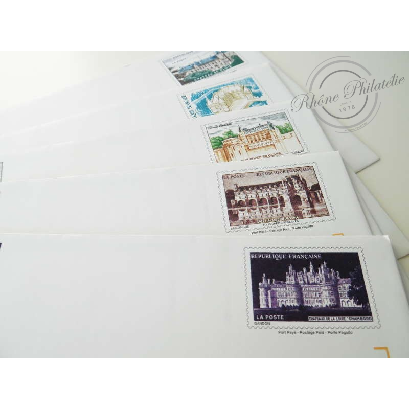 LOT DE 5 ENVELOPPES PRET-A-POSTER CARTES ASSORTIES SUR CHATEAUX DE LA LOIRE